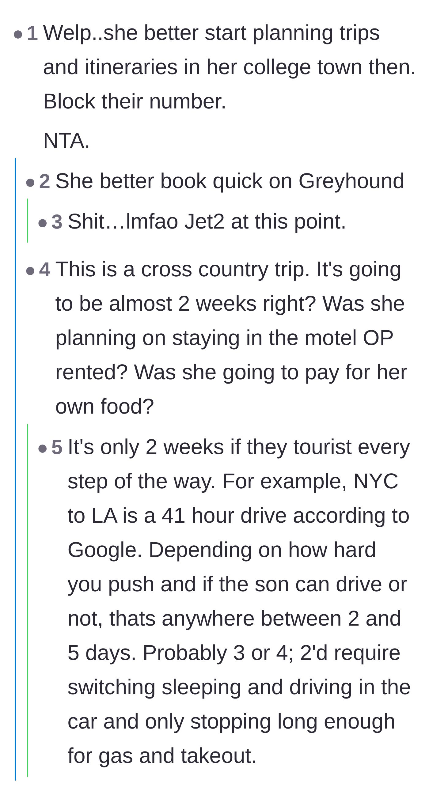 Comment thread 6 - Breakdown of the grueling logistics, awkwardness, and motel stays required for a cross-country drive.