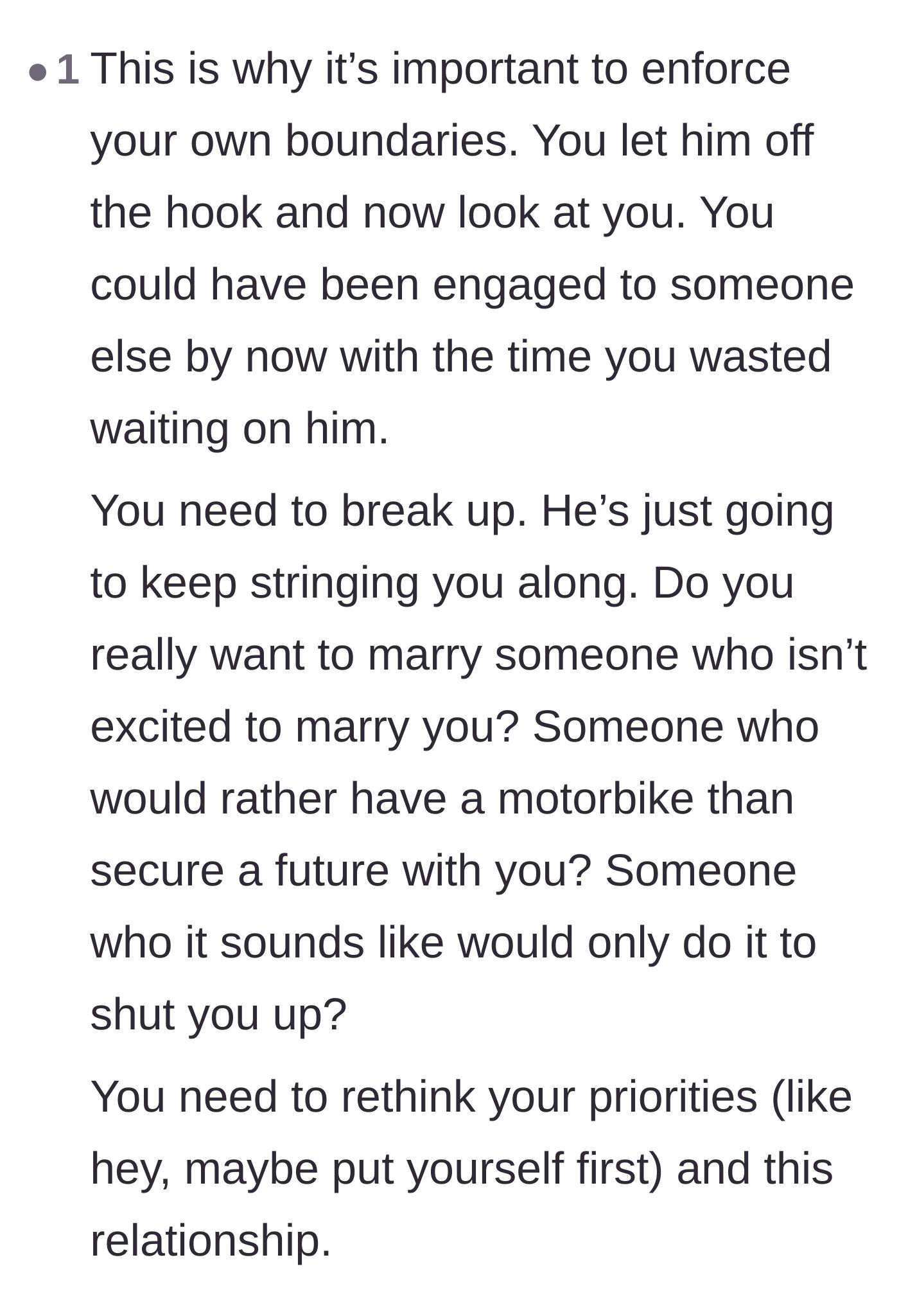 Comment thread 2 - A reader points out the importance of boundaries and the tragedy of wanting to marry someone who isn't excited to marry you.