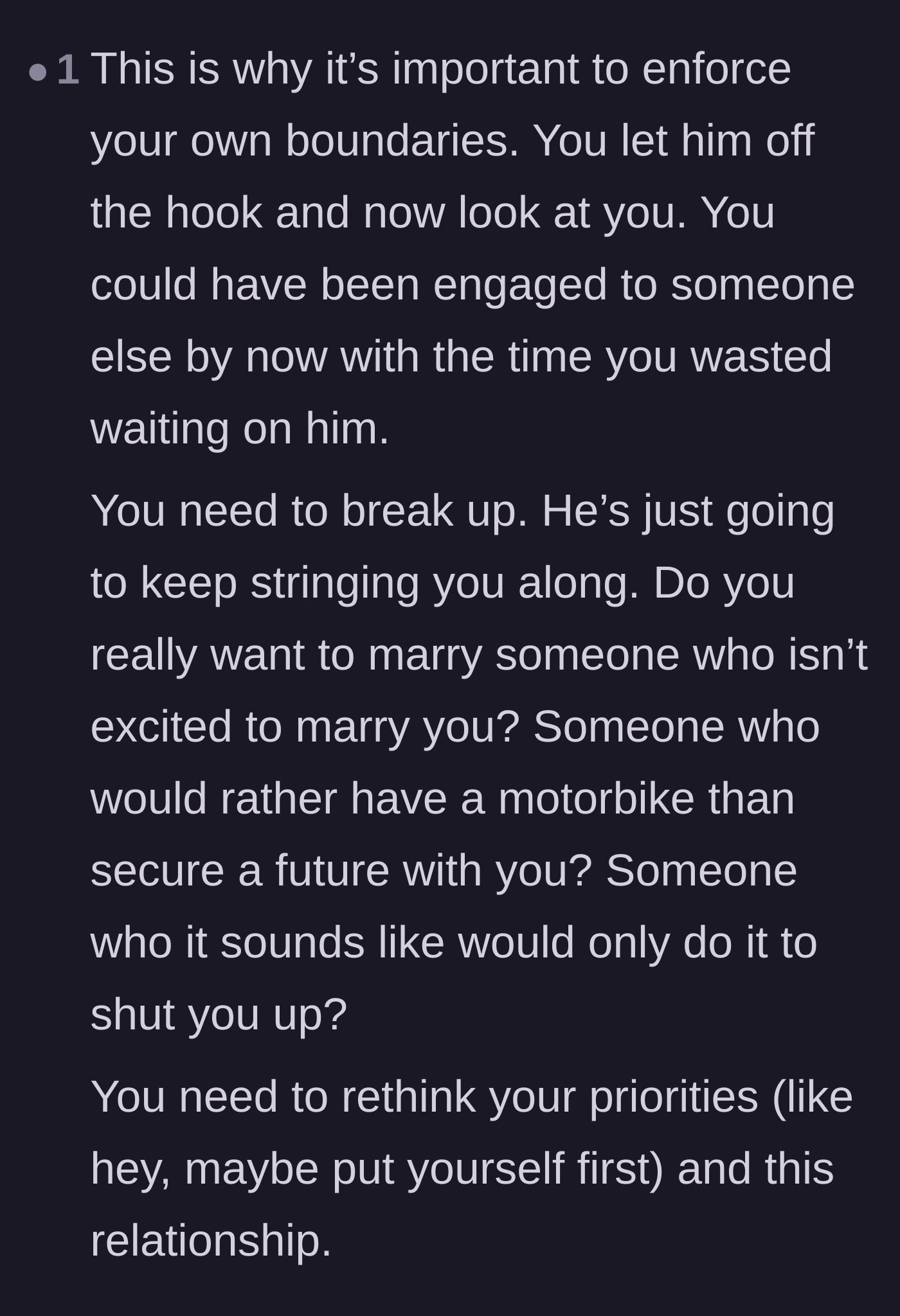 Comment thread 2 - A reader points out the importance of boundaries and the tragedy of wanting to marry someone who isn't excited to marry you.