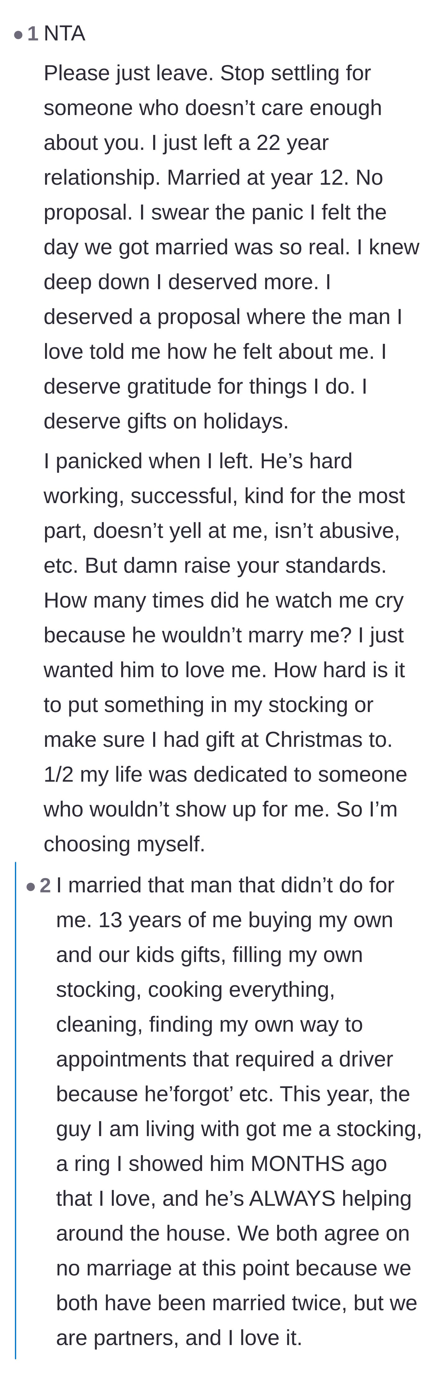 Comment thread 4 - A commenter shares a heartbreaking personal story of spending twenty-two years with a partner who never showed up for her emotionally.