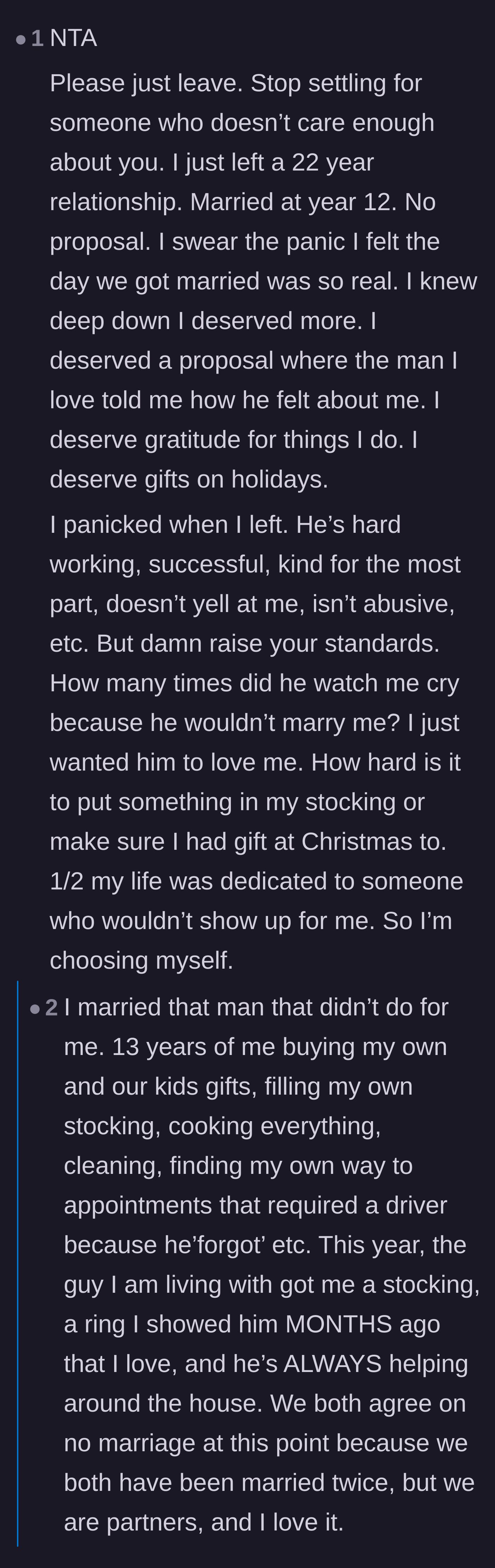 Comment thread 4 - A commenter shares a heartbreaking personal story of spending twenty-two years with a partner who never showed up for her emotionally.