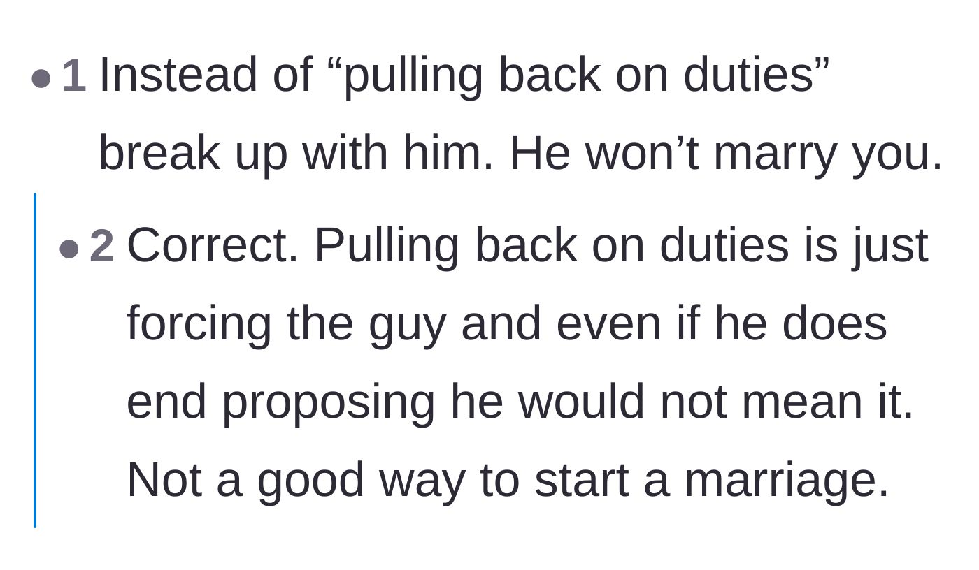 Comment thread 5 - A commenter advises against playing games with domestic duties, arguing that a forced proposal is a bad foundation for marriage.