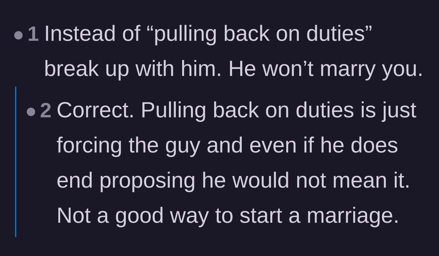Comment thread 5 - A commenter advises against playing games with domestic duties, arguing that a forced proposal is a bad foundation for marriage.