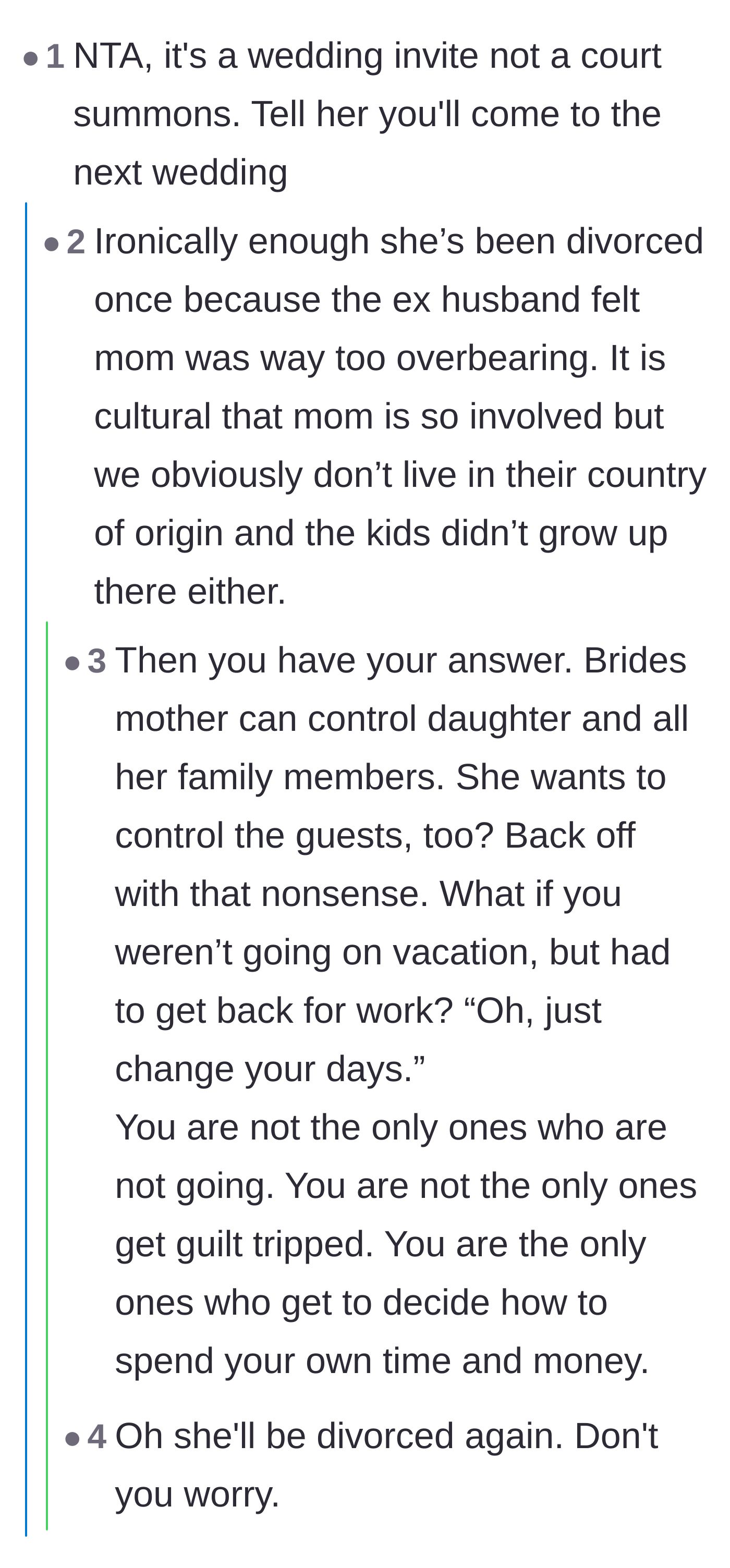 Comment thread 1 - A discussion predicting the bride's inevitable second divorce due to her controlling mother.