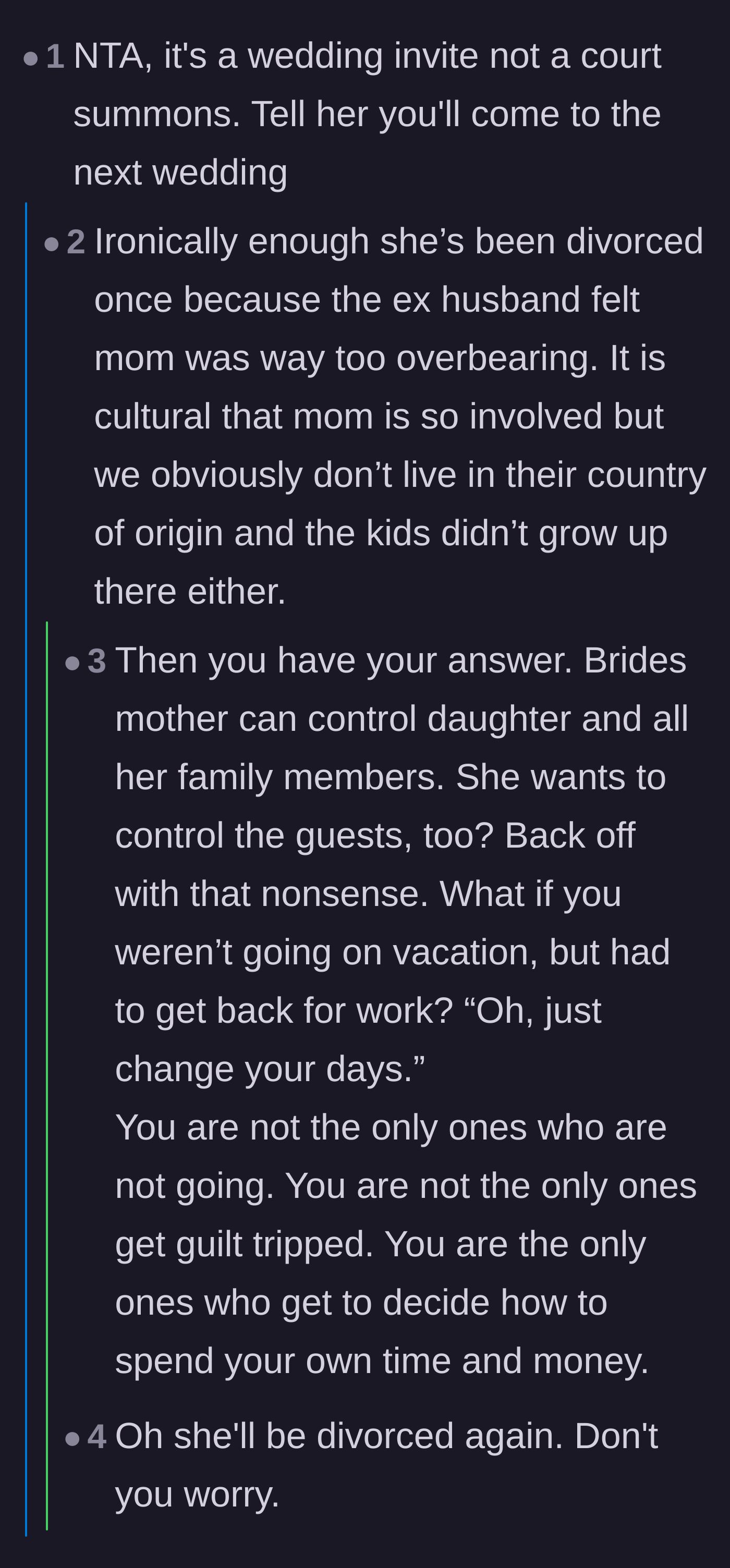Comment thread 1 - A discussion predicting the bride's inevitable second divorce due to her controlling mother.