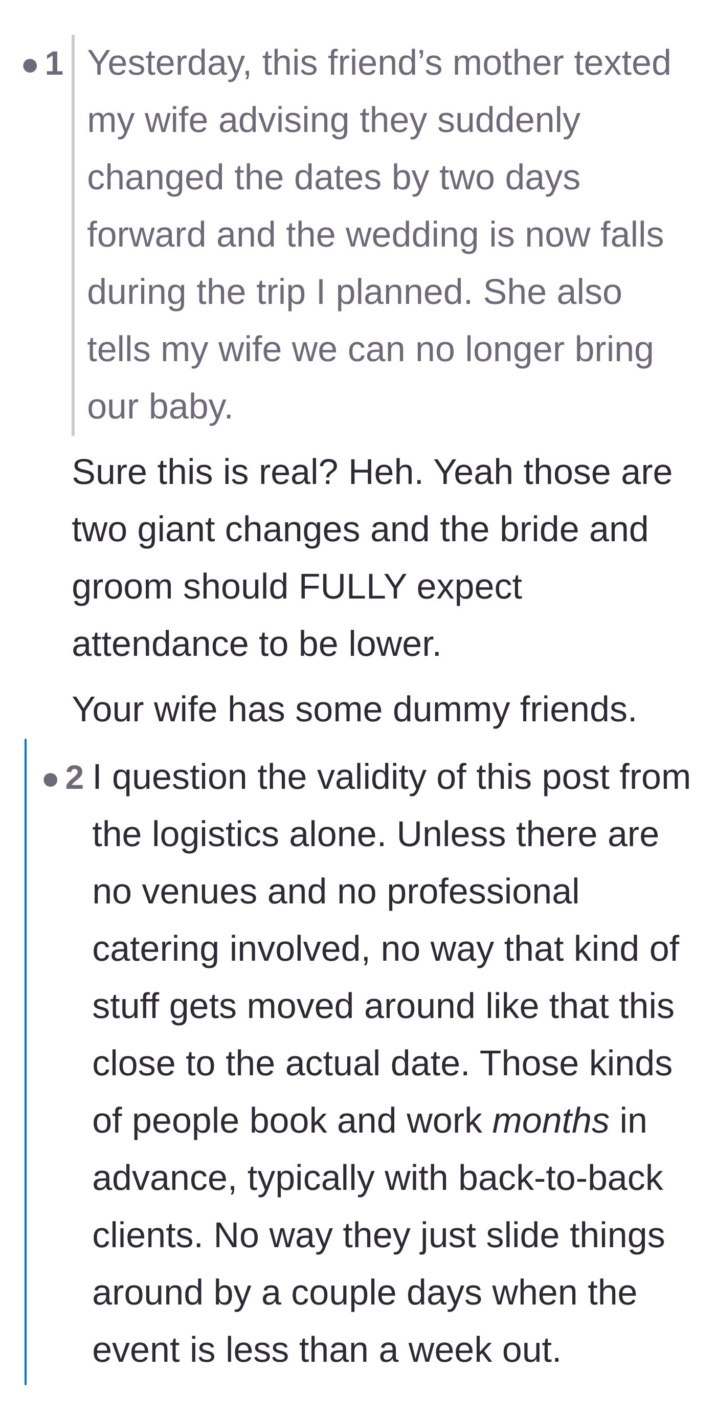 Comment thread 2 - A debate over the impossible logistics of moving wedding venues six days out, followed by the husband's wild clarification.