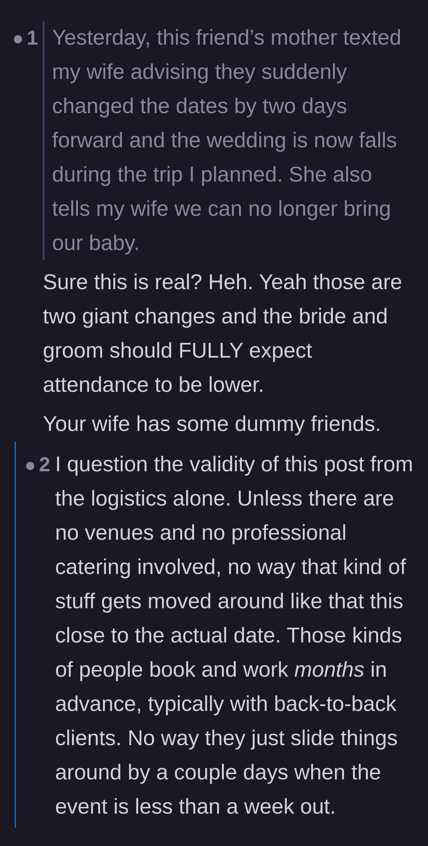 Comment thread 2 - A debate over the impossible logistics of moving wedding venues six days out, followed by the husband's wild clarification.