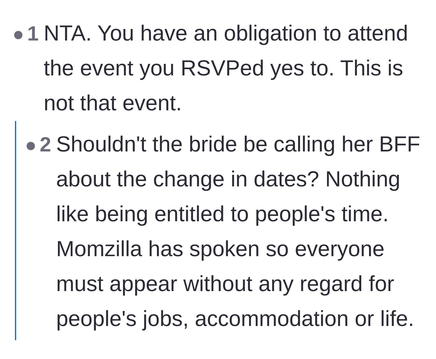 Comment thread 3 - Readers dissecting the weird dynamic of elevating a babysitter to a best friend for a three-day wedding.