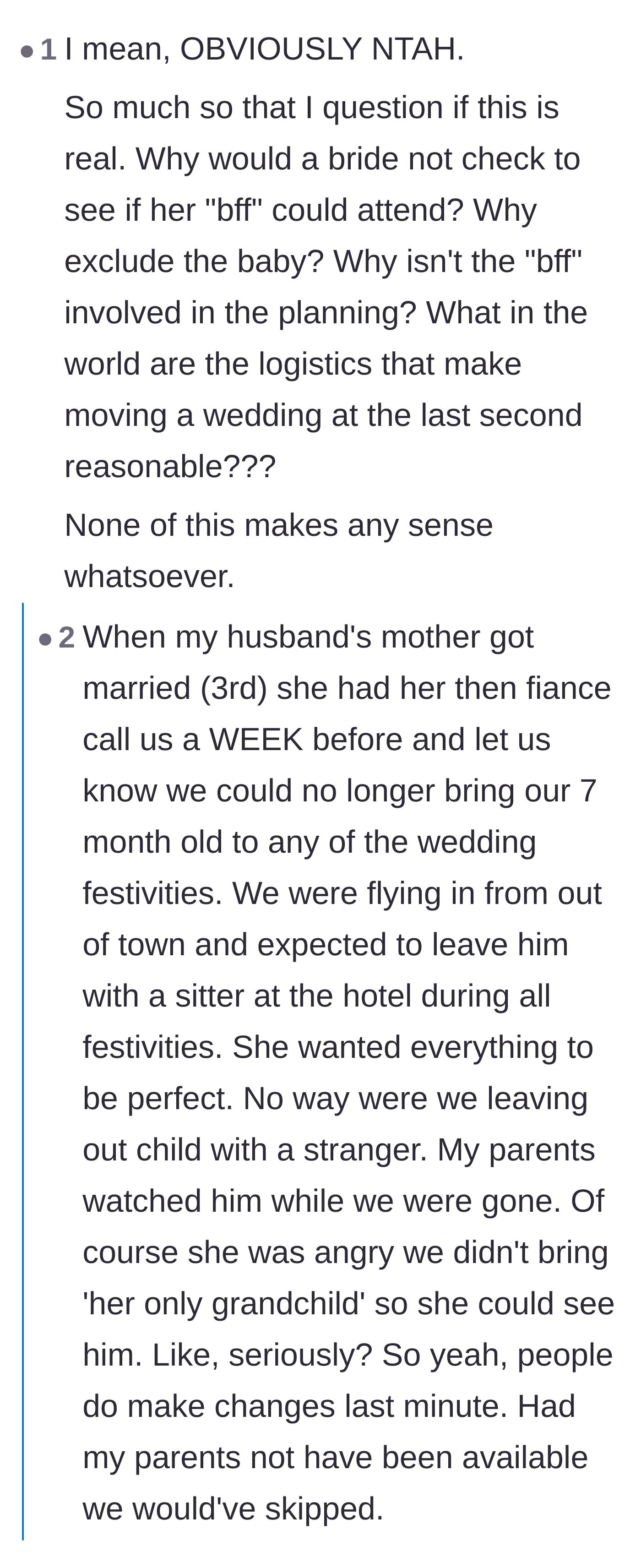 Comment thread 4 - A commenter questioning the story's reality, prompting others to share their own last-minute wedding nightmares.