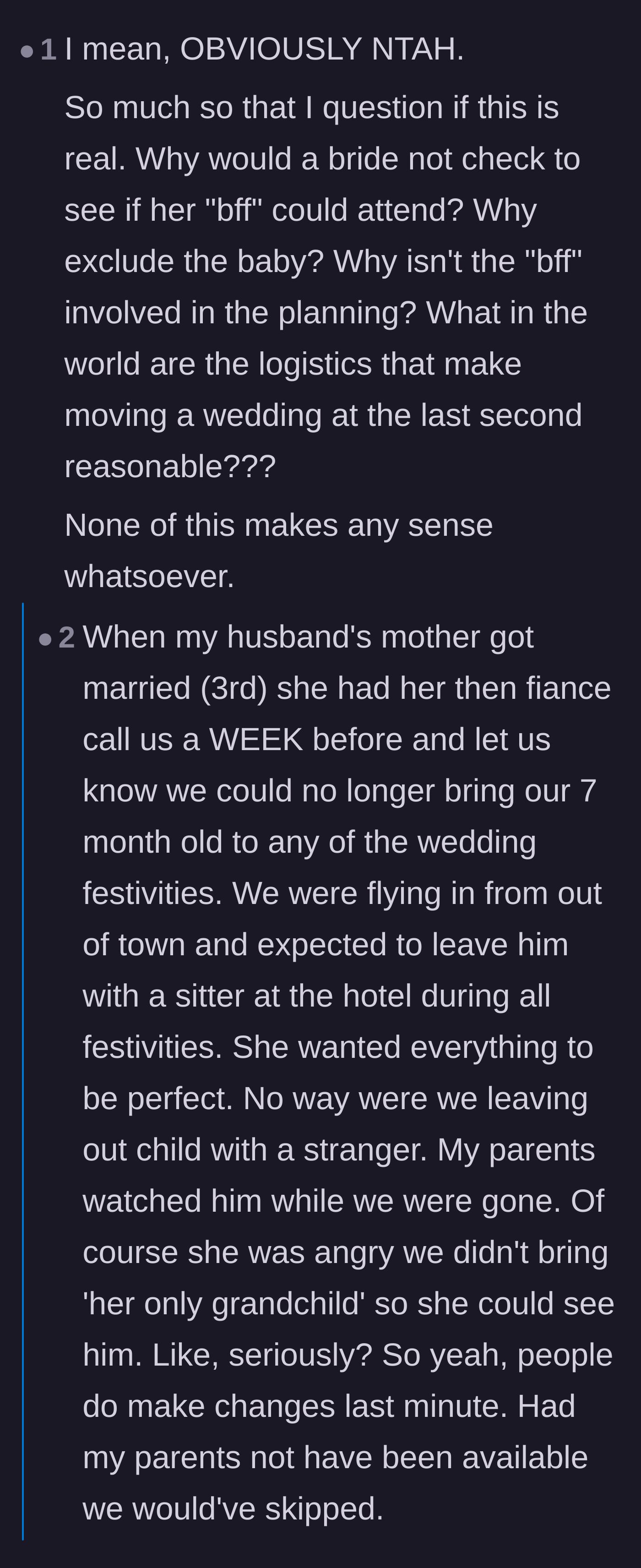 Comment thread 4 - A commenter questioning the story's reality, prompting others to share their own last-minute wedding nightmares.