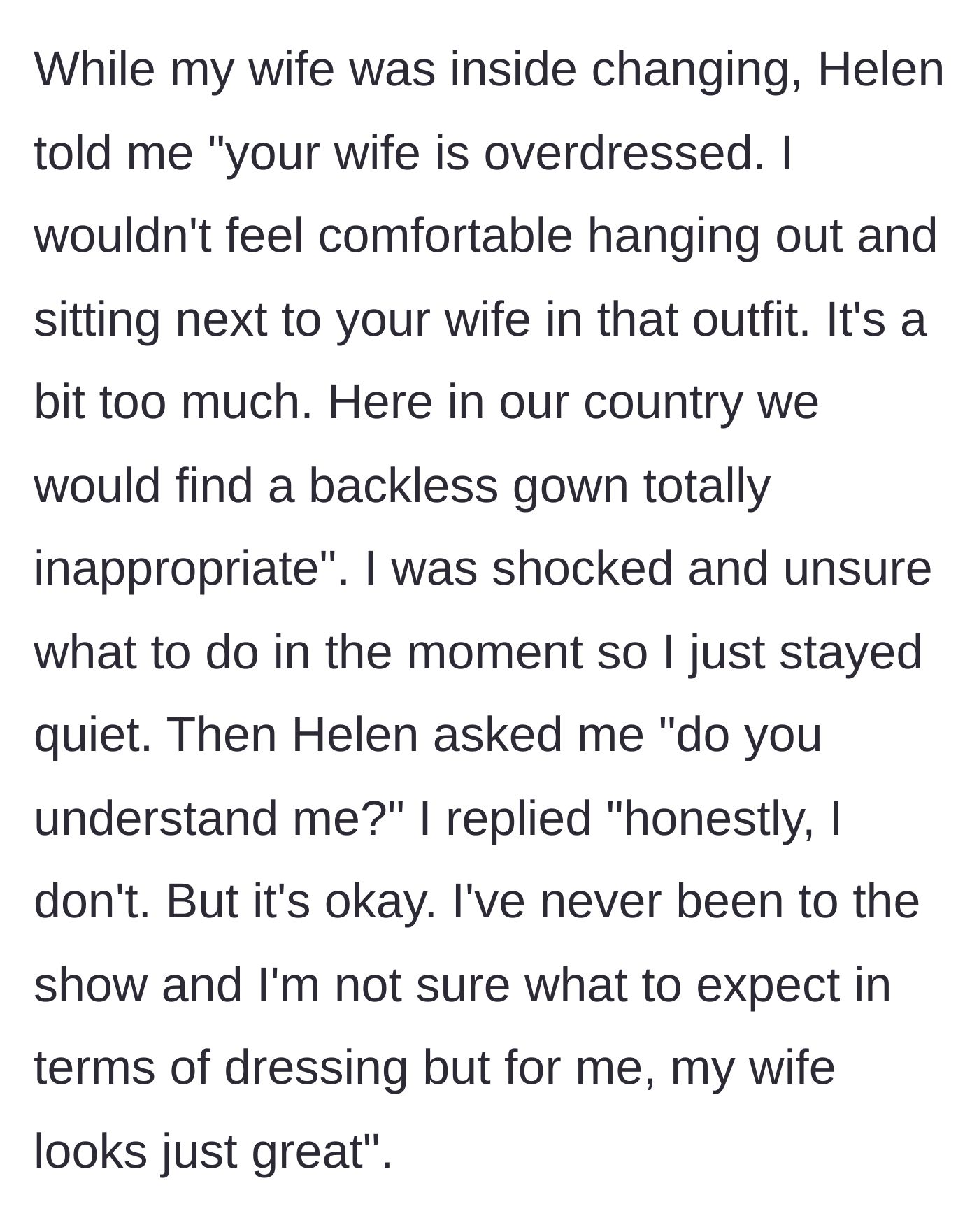 Story part 4 - While the wife changes clothes inside, Helen lectures the husband about local modesty standards, and he politely but firmly disagrees.