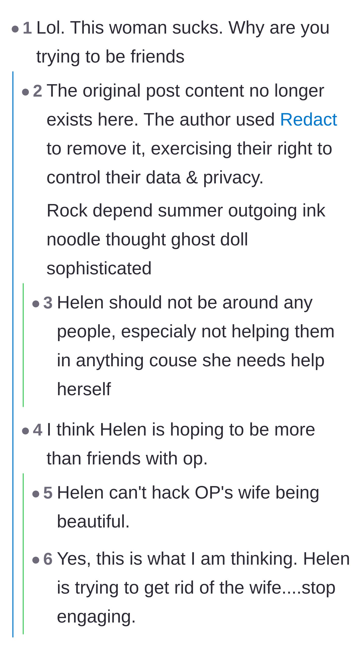 Comment thread 1 - Readers speculating that Helen was romantically interested in the husband and jealous of the wife.