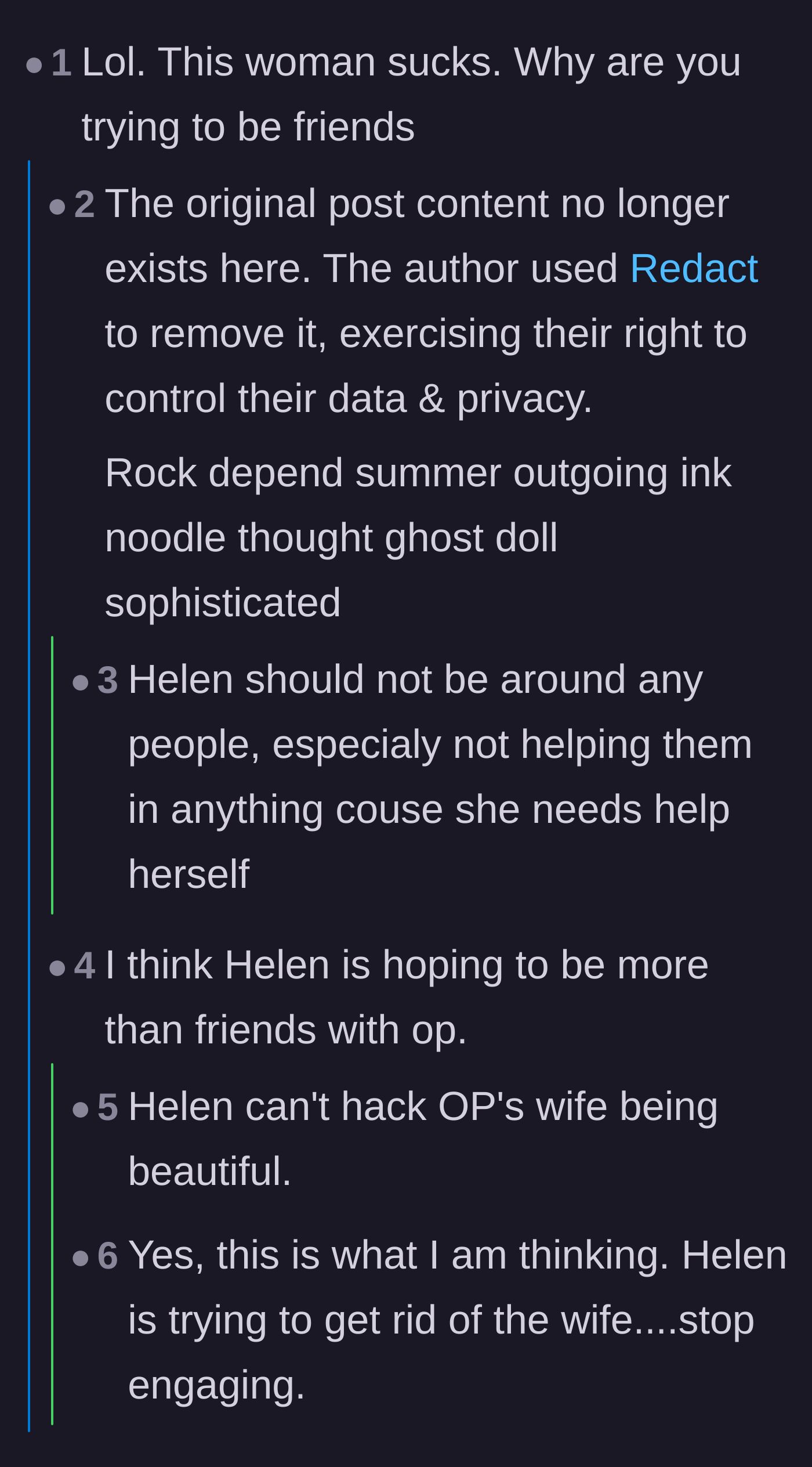 Comment thread 1 - Readers speculating that Helen was romantically interested in the husband and jealous of the wife.