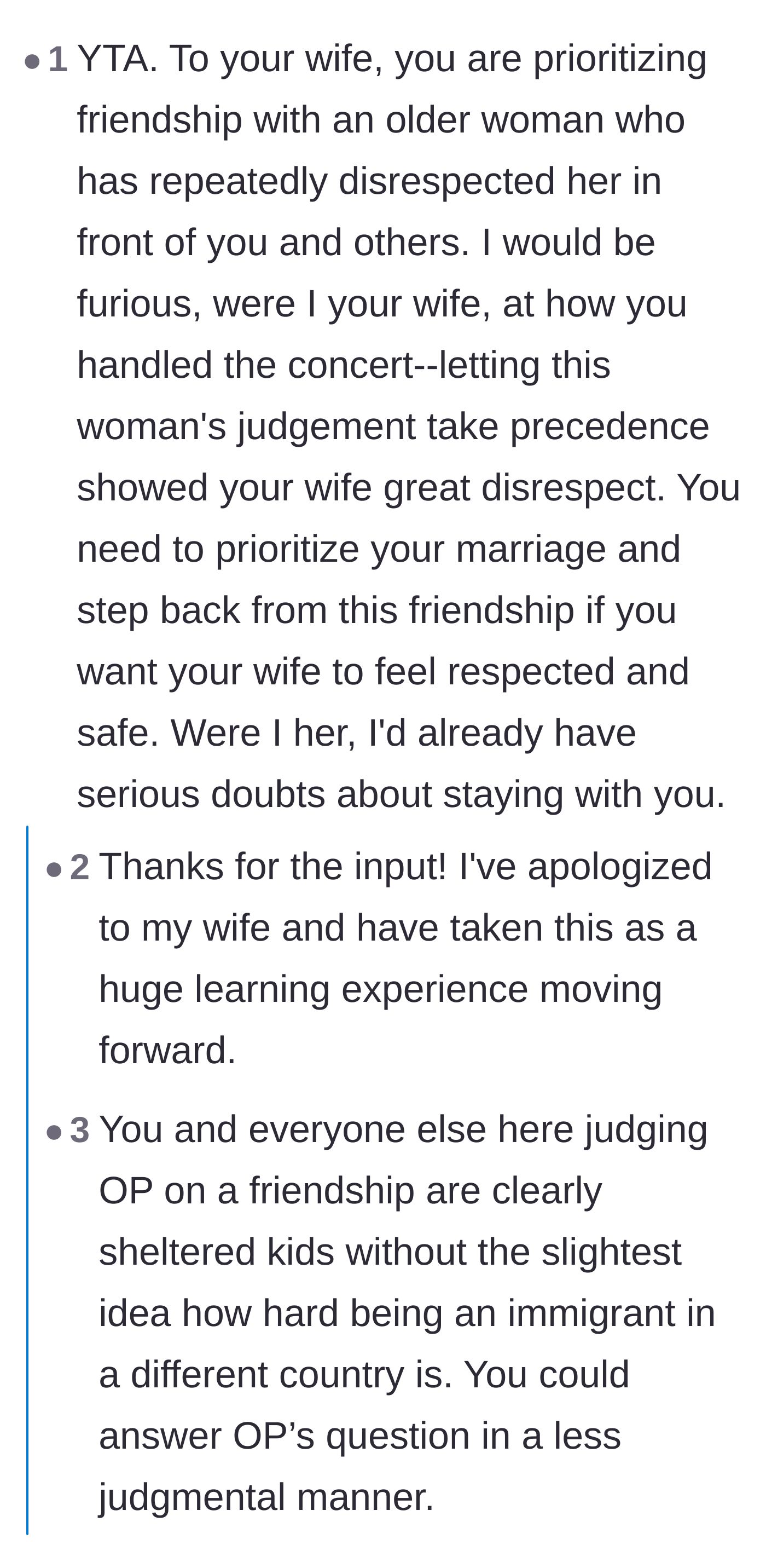 Comment thread 3 - A debate holding the husband accountable for not defending his wife sooner, balanced with the vulnerable reality of being immigrants.