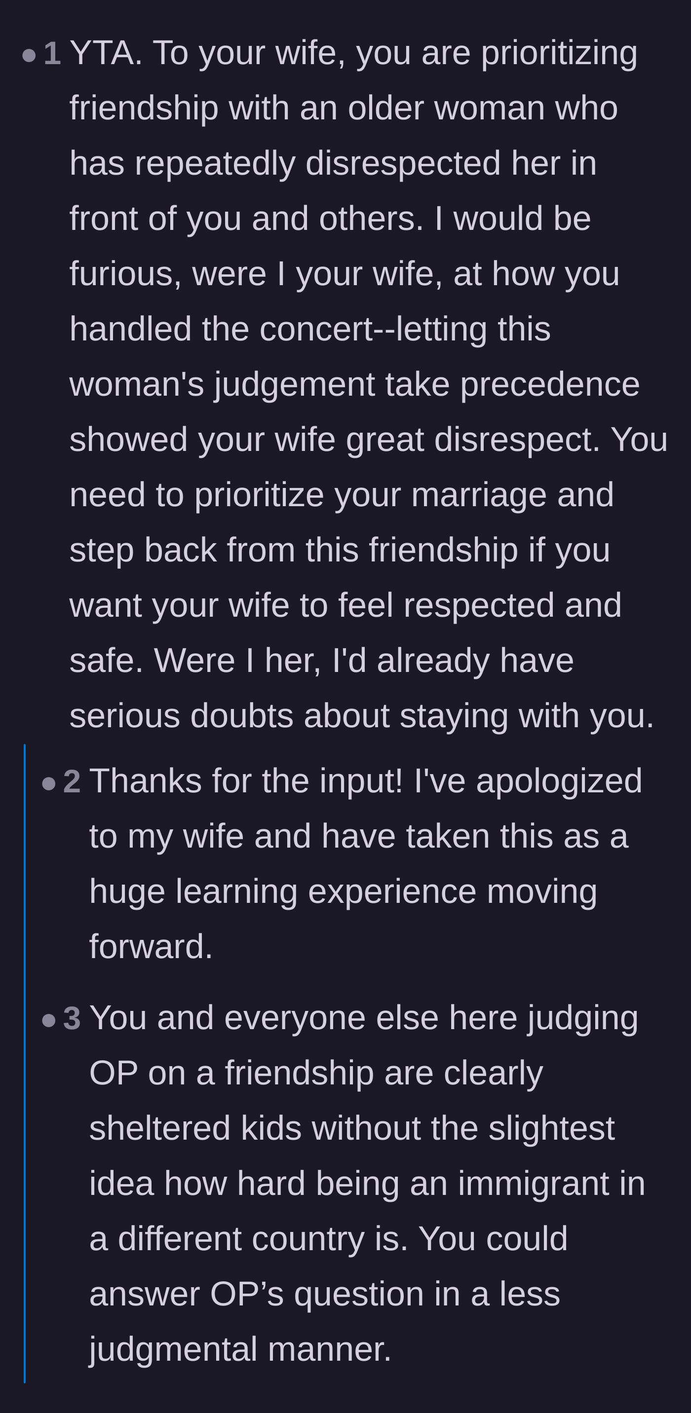 Comment thread 3 - A debate holding the husband accountable for not defending his wife sooner, balanced with the vulnerable reality of being immigrants.