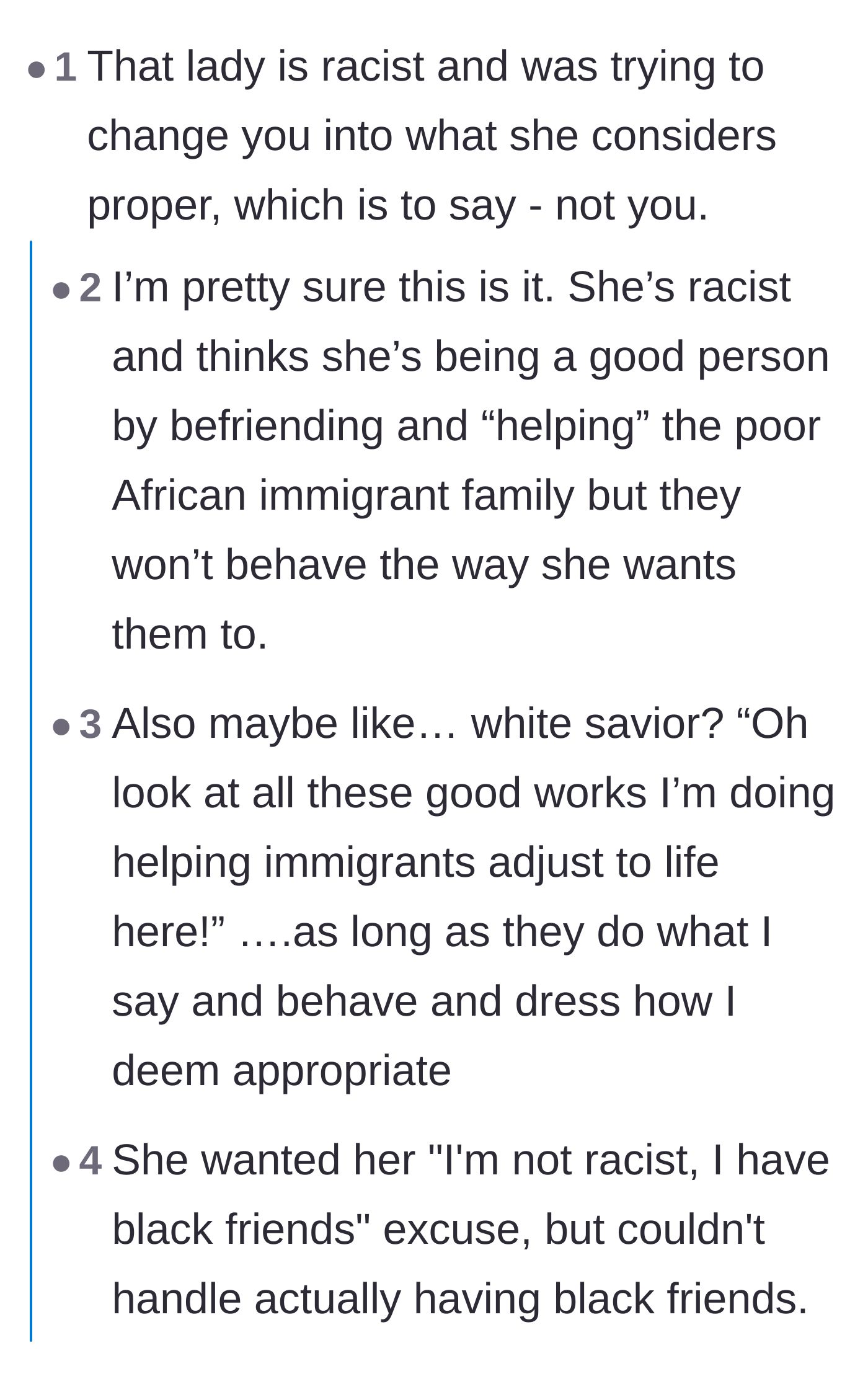 Comment thread 4 - Readers calling out Helen's behavior as racist and driven by a white savior complex.