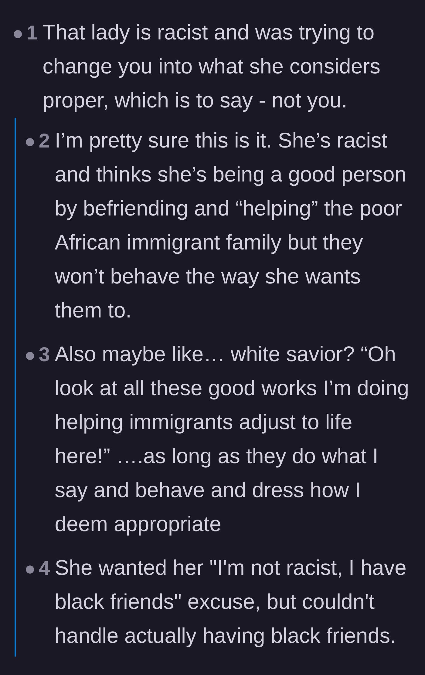 Comment thread 4 - Readers calling out Helen's behavior as racist and driven by a white savior complex.