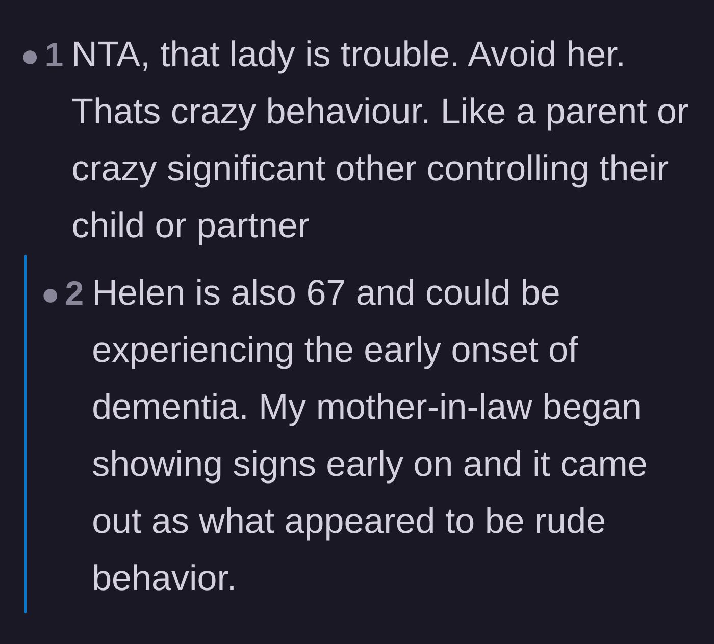 Comment thread 6 - Comments comparing Helen's behavior to a controlling parent, with one suggesting possible early-onset dementia.