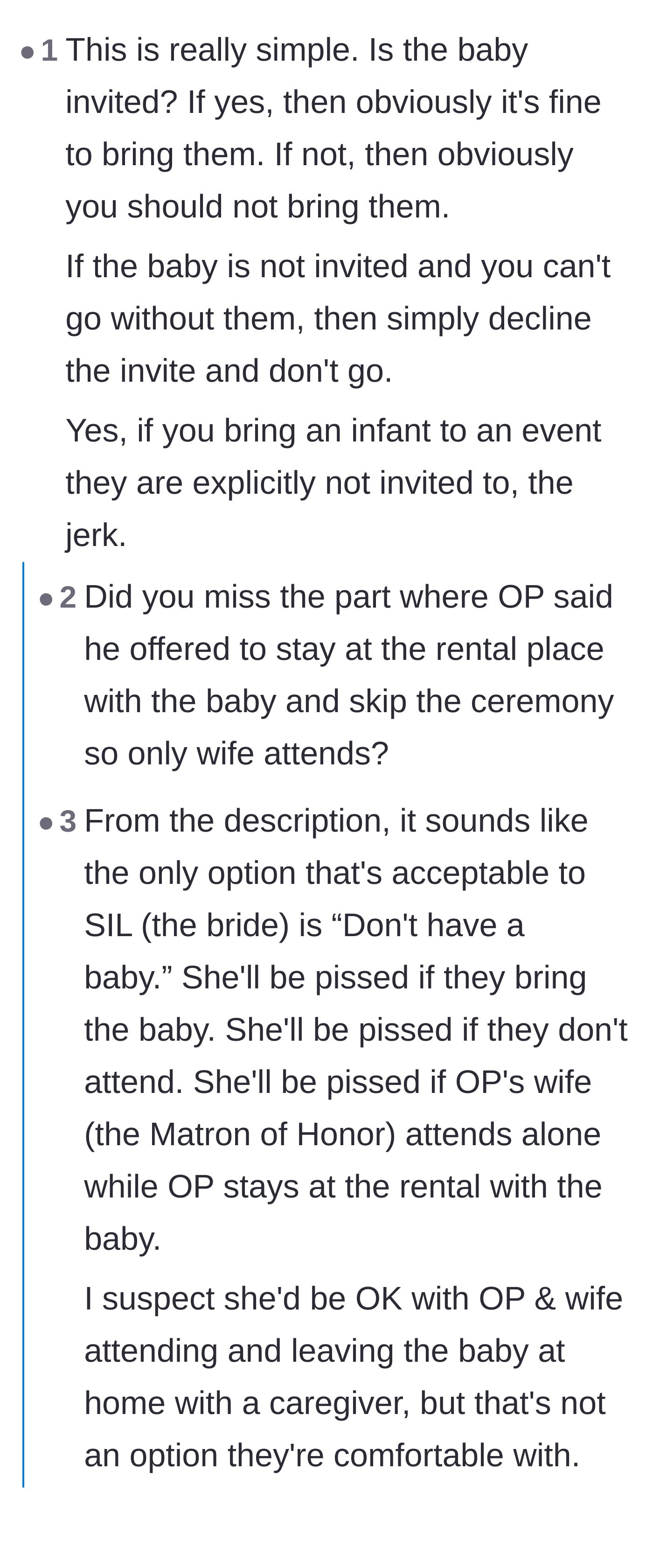 Comment thread 2 - A debate highlighting how the bride rejected every logical compromise because she actually just resents the baby's existence.