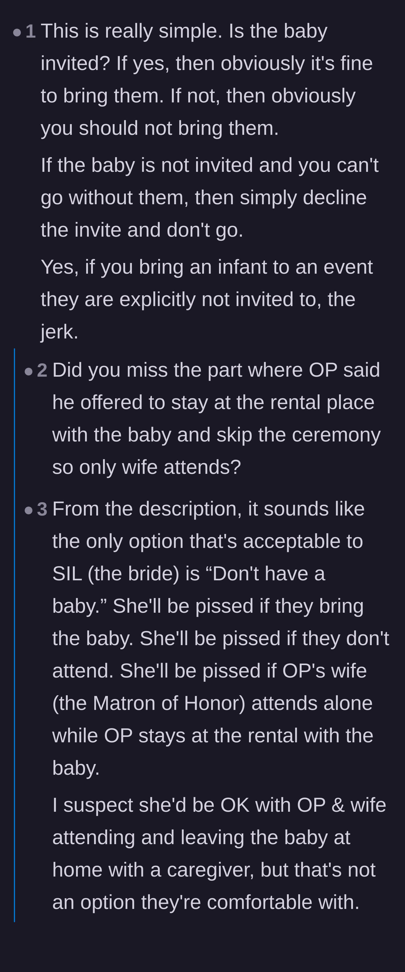Comment thread 2 - A debate highlighting how the bride rejected every logical compromise because she actually just resents the baby's existence.