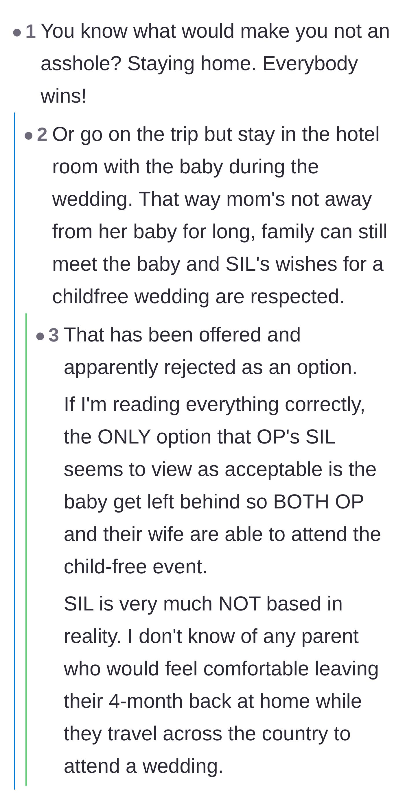 Comment thread 3 - Commenters pointing out how completely unhinged it is to expect a new mother to abandon her four-month-old for a cross-country trip.