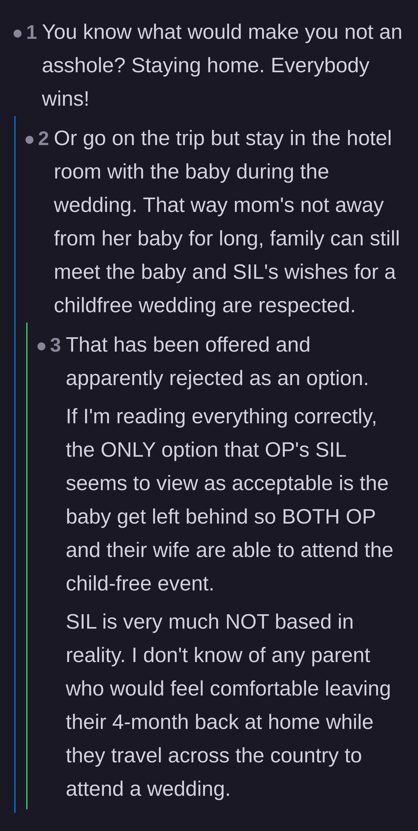 Comment thread 3 - Commenters pointing out how completely unhinged it is to expect a new mother to abandon her four-month-old for a cross-country trip.