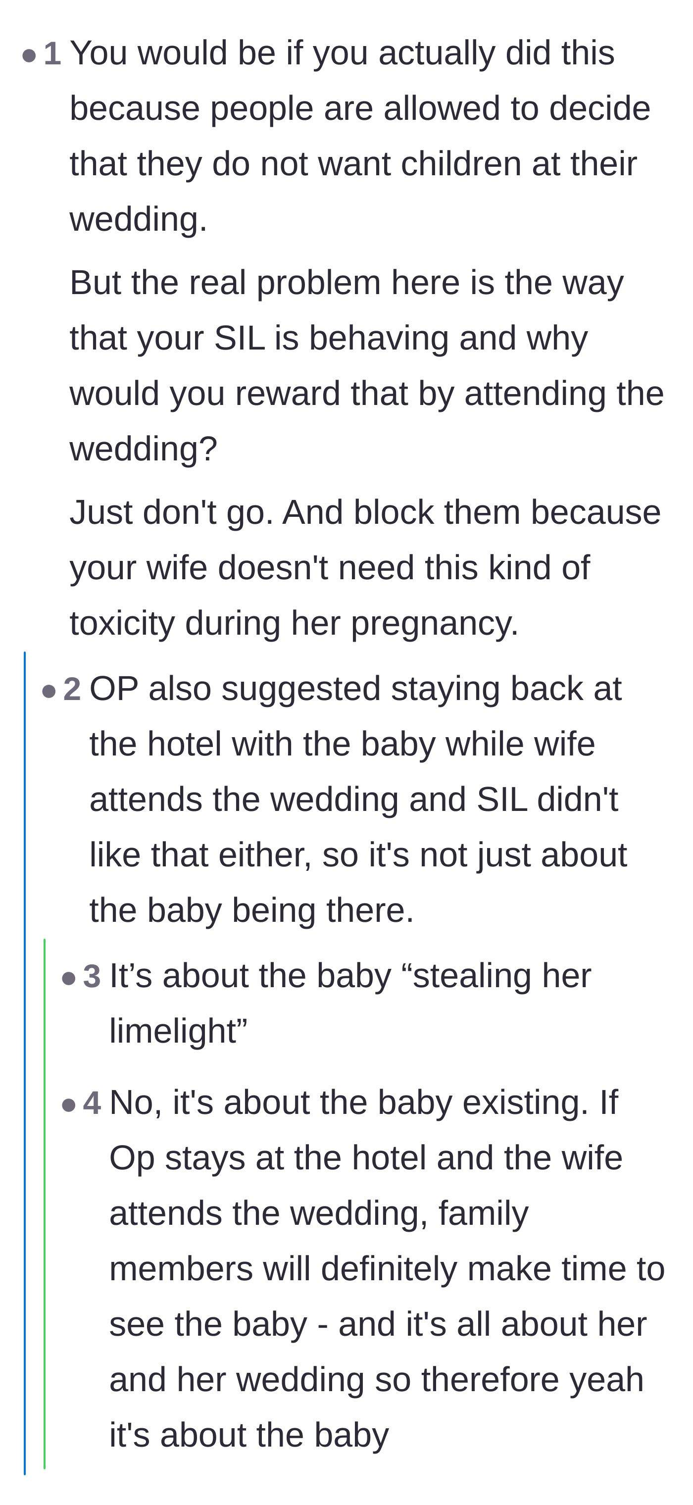 Comment thread 4 - A harsh truth bomb explaining that the bride's real issue is extreme jealousy over sharing family attention with a newborn.