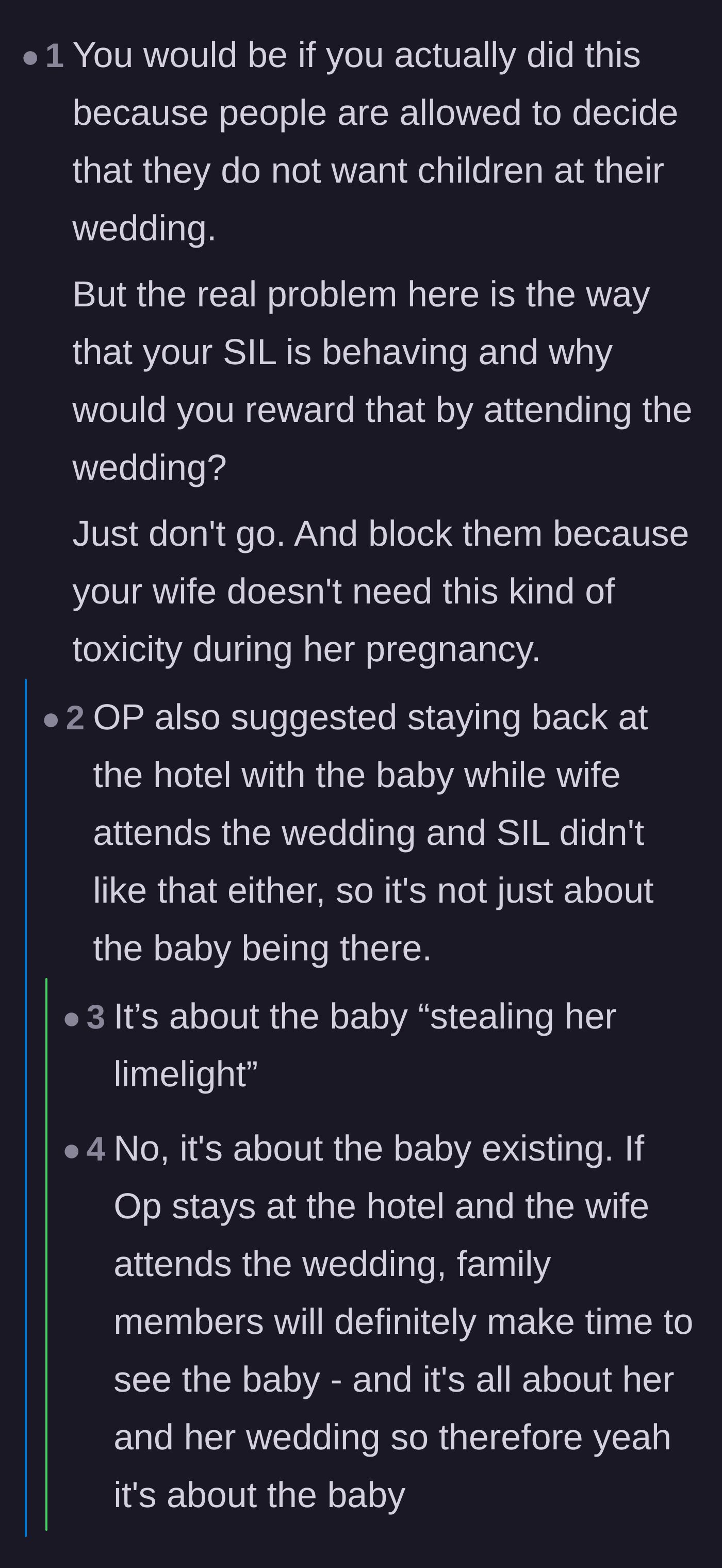 Comment thread 4 - A harsh truth bomb explaining that the bride's real issue is extreme jealousy over sharing family attention with a newborn.