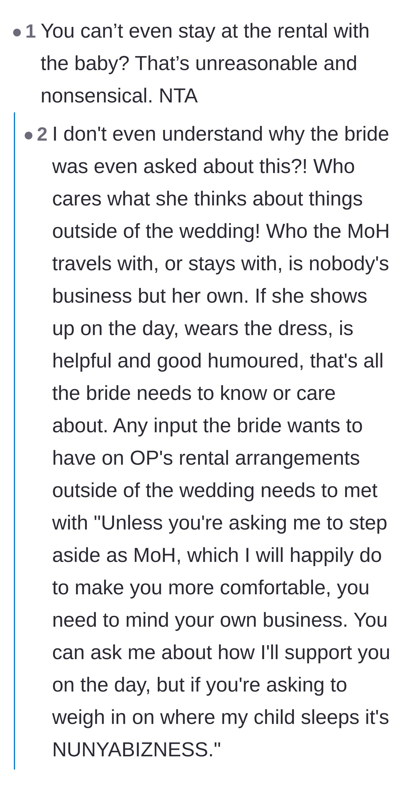 Comment thread 6 - Disbelief over why the couple ever asked the bride for permission regarding their private hotel arrangements.