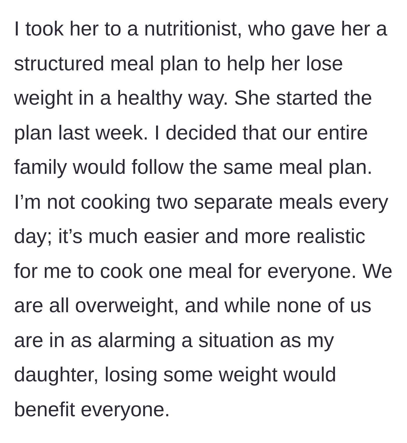 Story part 3 - The mother takes her daughter to a nutritionist and decides the entire household will eat the same healthy meals.