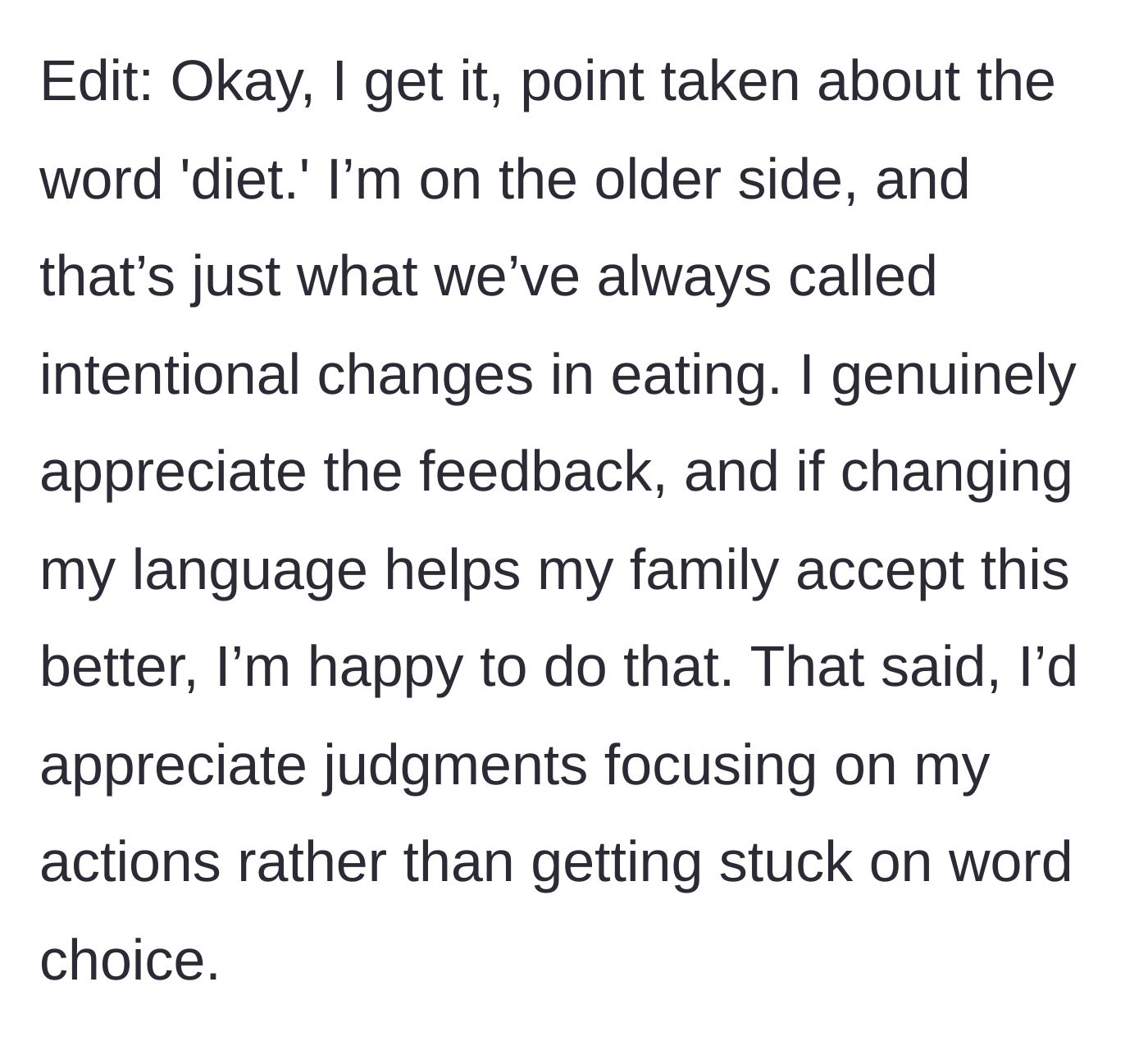 Story part 6 - The mother adds an edit apologizing for using the word 'diet' and asks readers to focus on her actions.