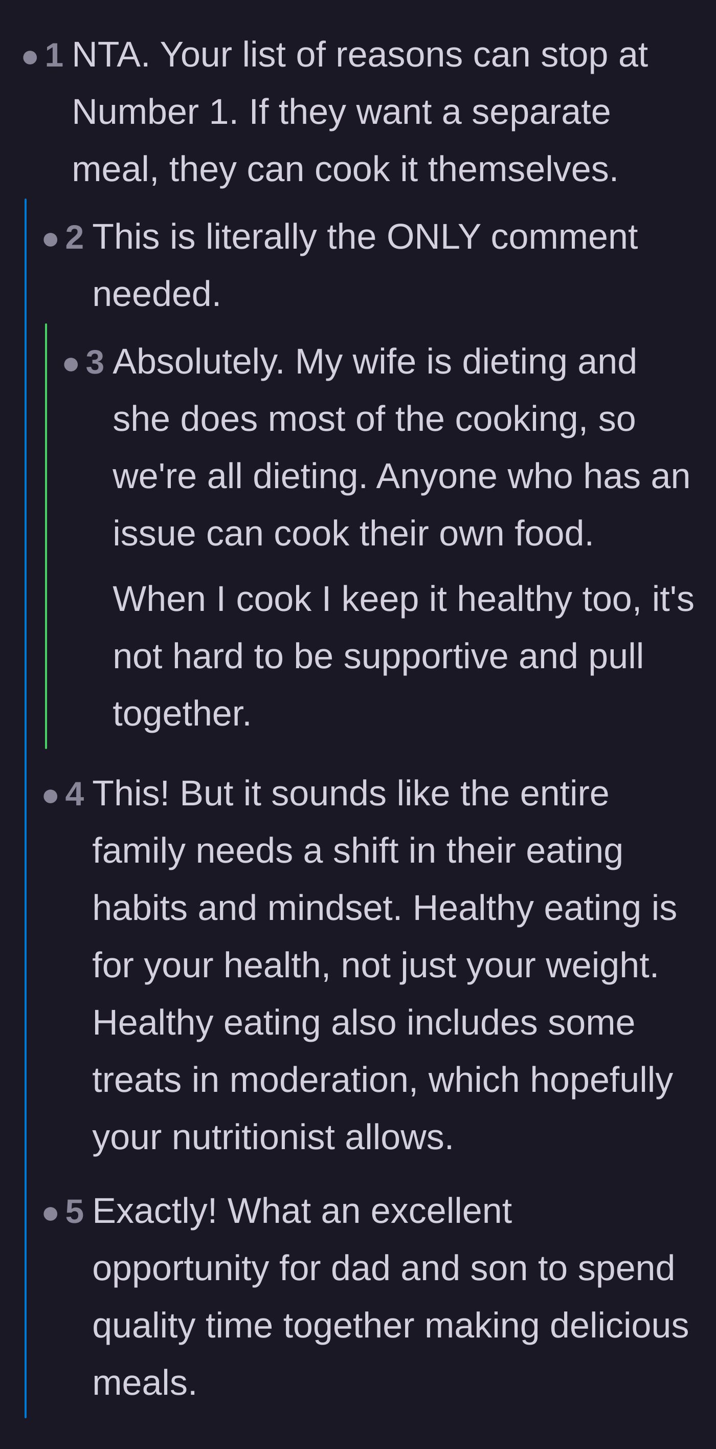 Comment thread 1 - Readers discuss how the mother is not a short-order cook and the men should make their own meals if they want something different.
