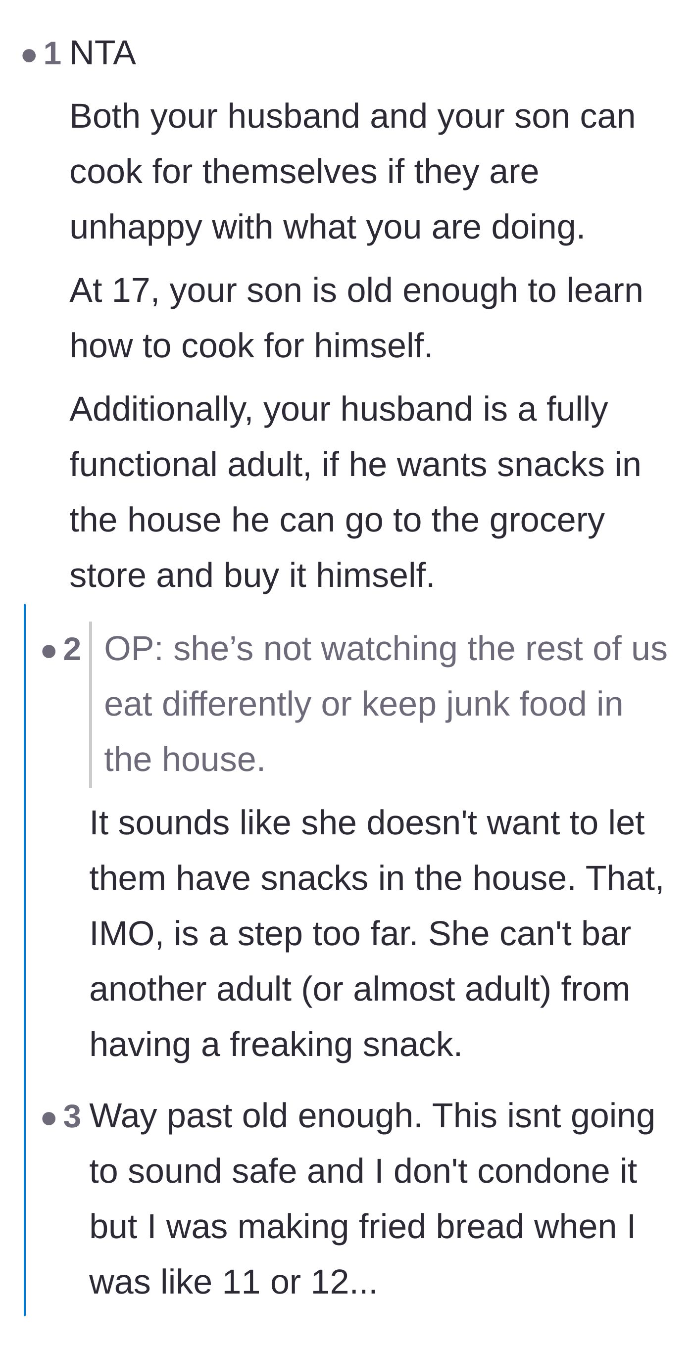 Comment thread 2 - A debate on whether removing snacks from the house is too controlling, countered by the severity of the daughter's medical needs.