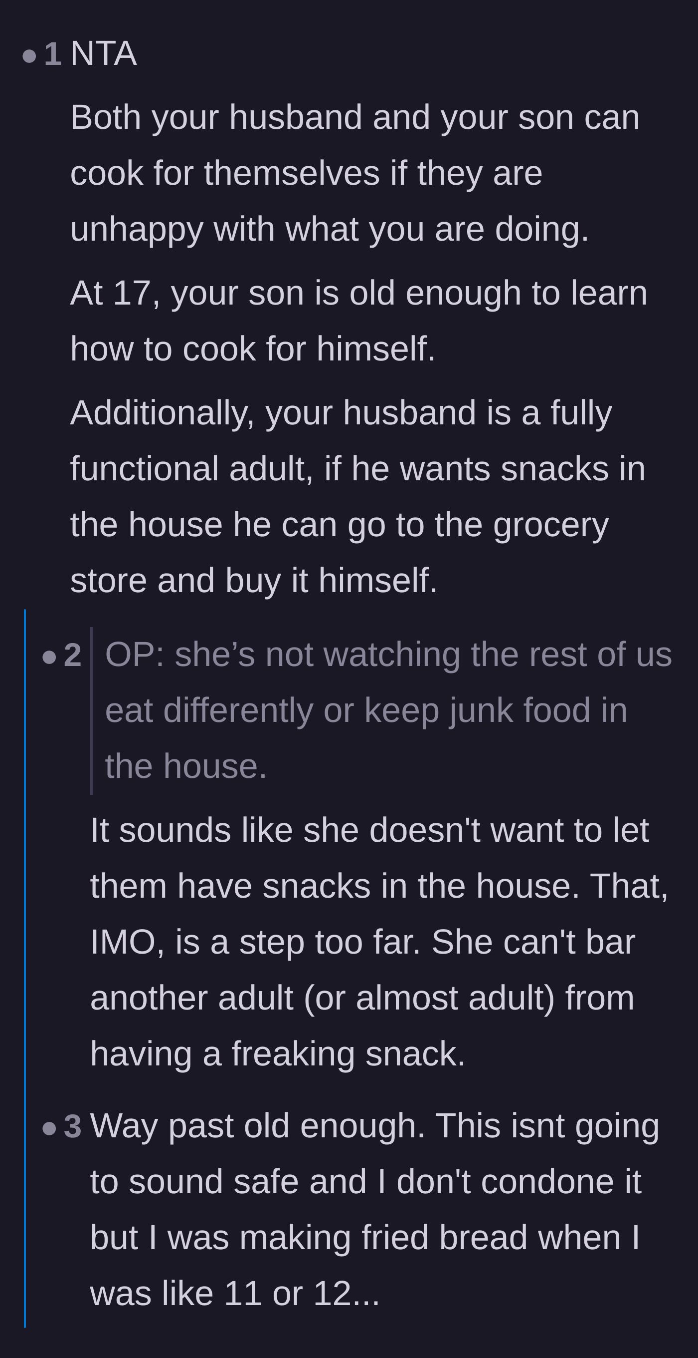 Comment thread 2 - A debate on whether removing snacks from the house is too controlling, countered by the severity of the daughter's medical needs.