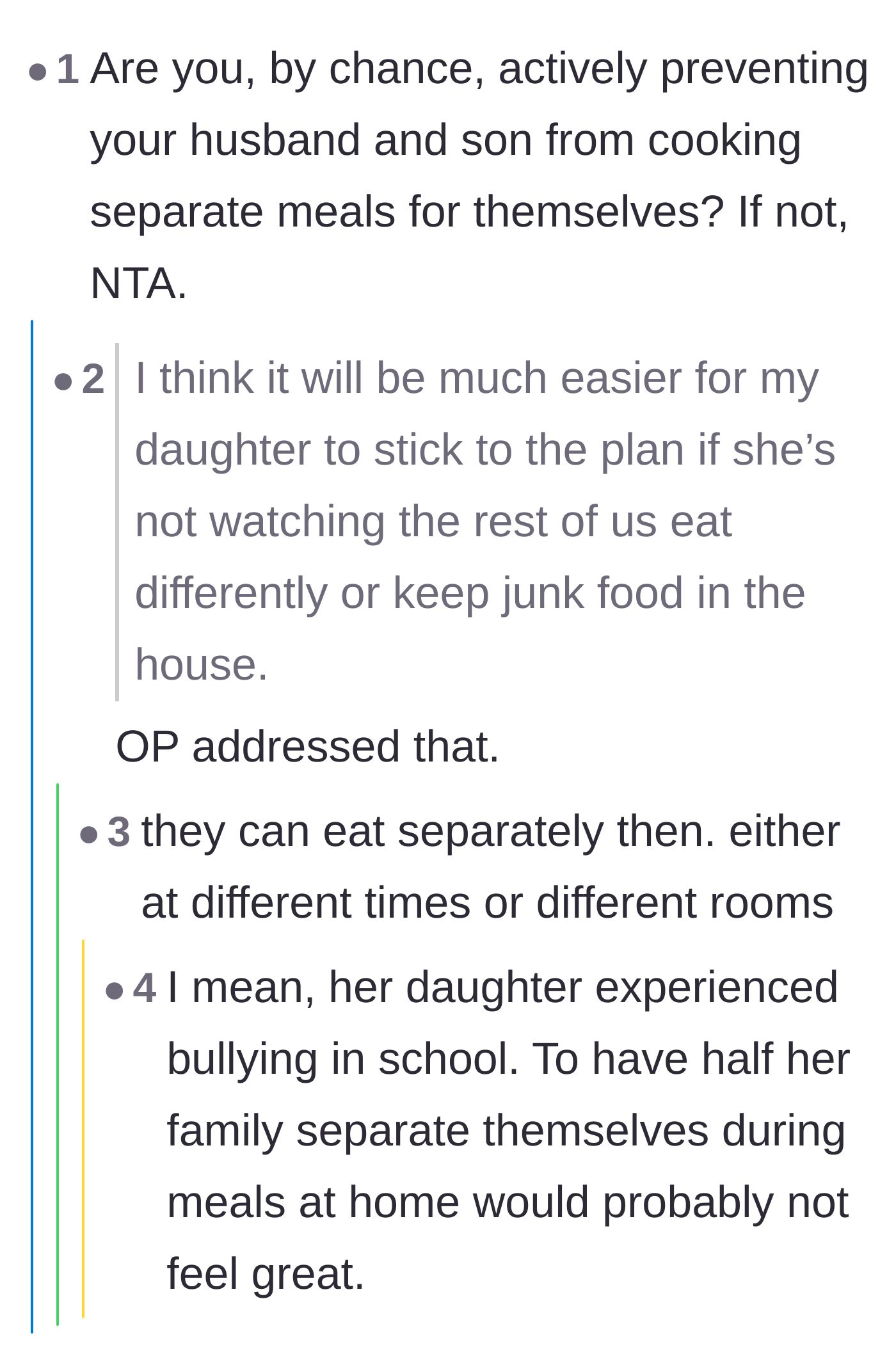 Comment thread 3 - Discussion on the emotional cruelty of forcing the daughter to eat her healthy meals in a separate room from her father and brother.