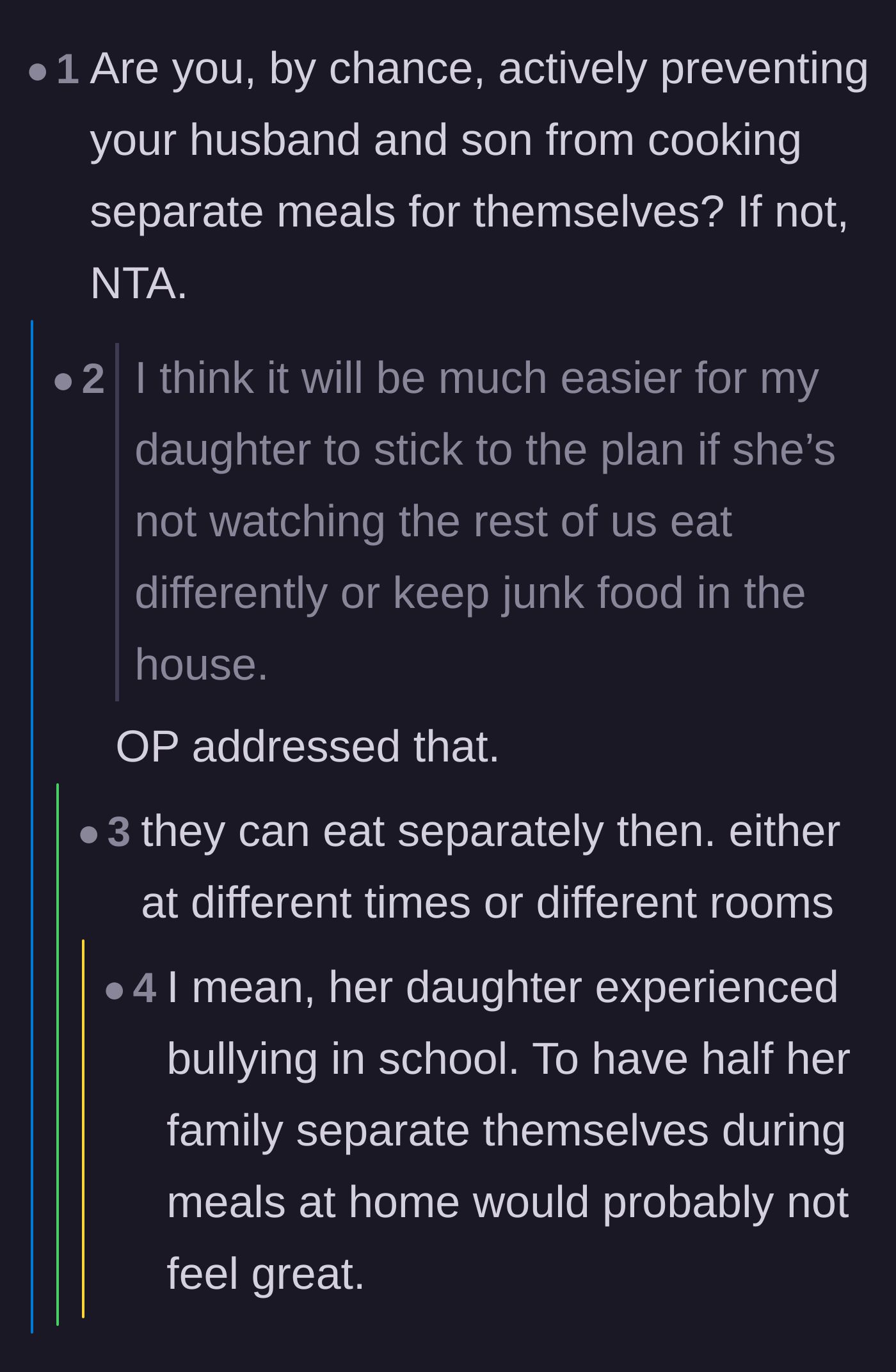 Comment thread 3 - Discussion on the emotional cruelty of forcing the daughter to eat her healthy meals in a separate room from her father and brother.