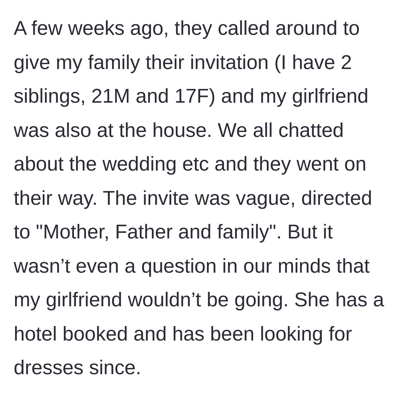 Story part 2 - The cousin hands out a vague family invitation right in front of the girlfriend, prompting her to book a hotel.