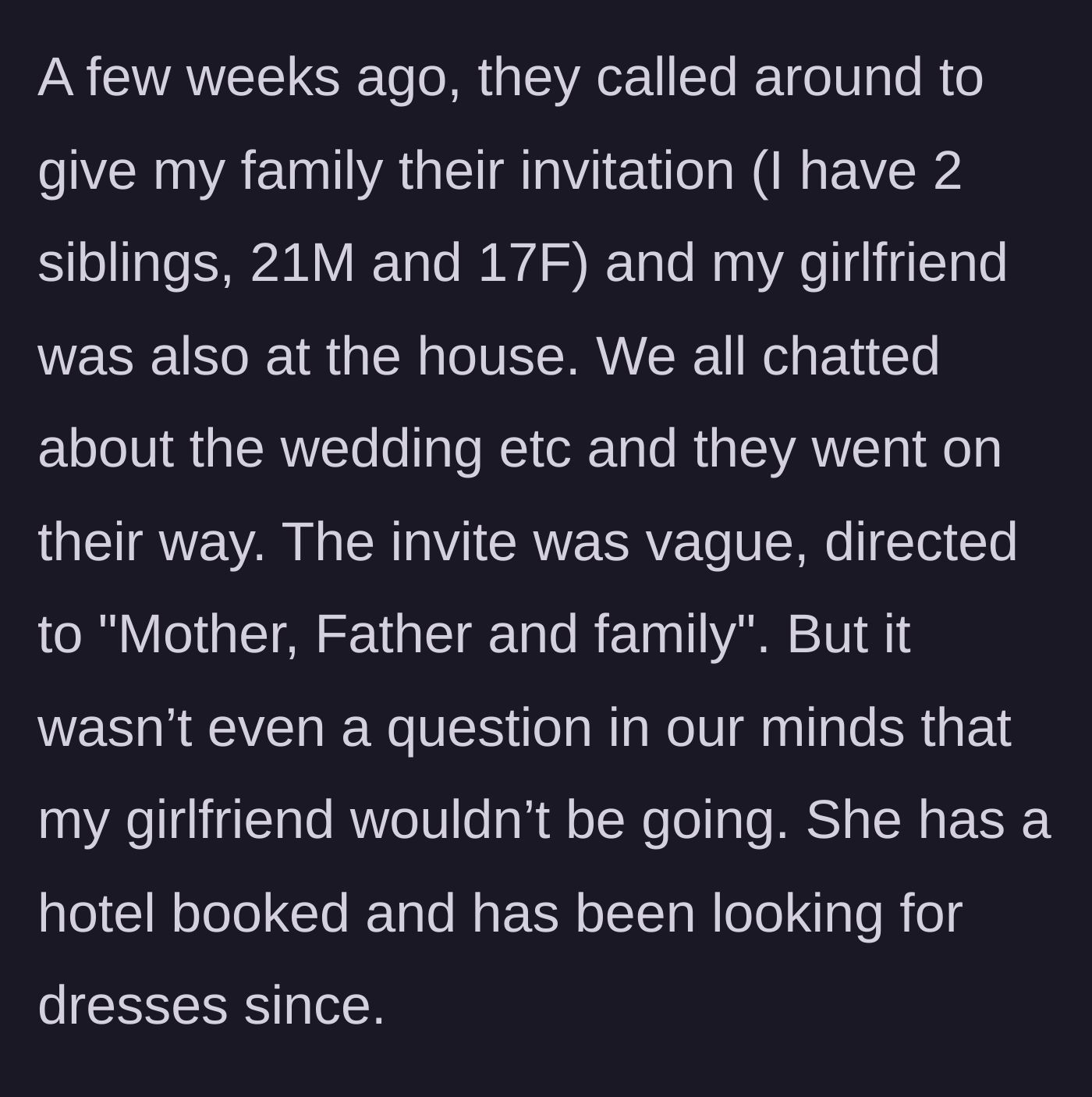 Story part 2 - The cousin hands out a vague family invitation right in front of the girlfriend, prompting her to book a hotel.