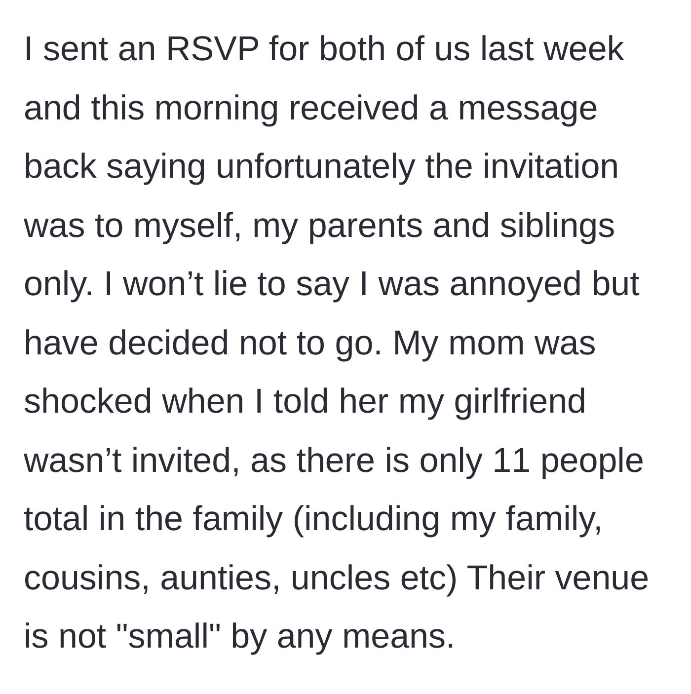 Story part 4 - The RSVP gets rejected for the girlfriend, causing the boyfriend to decline entirely and shocking his mother.