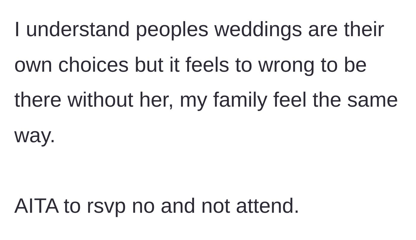 Story part 5 - Boyfriend questions if he is wrong for refusing to attend the wedding without his partner.