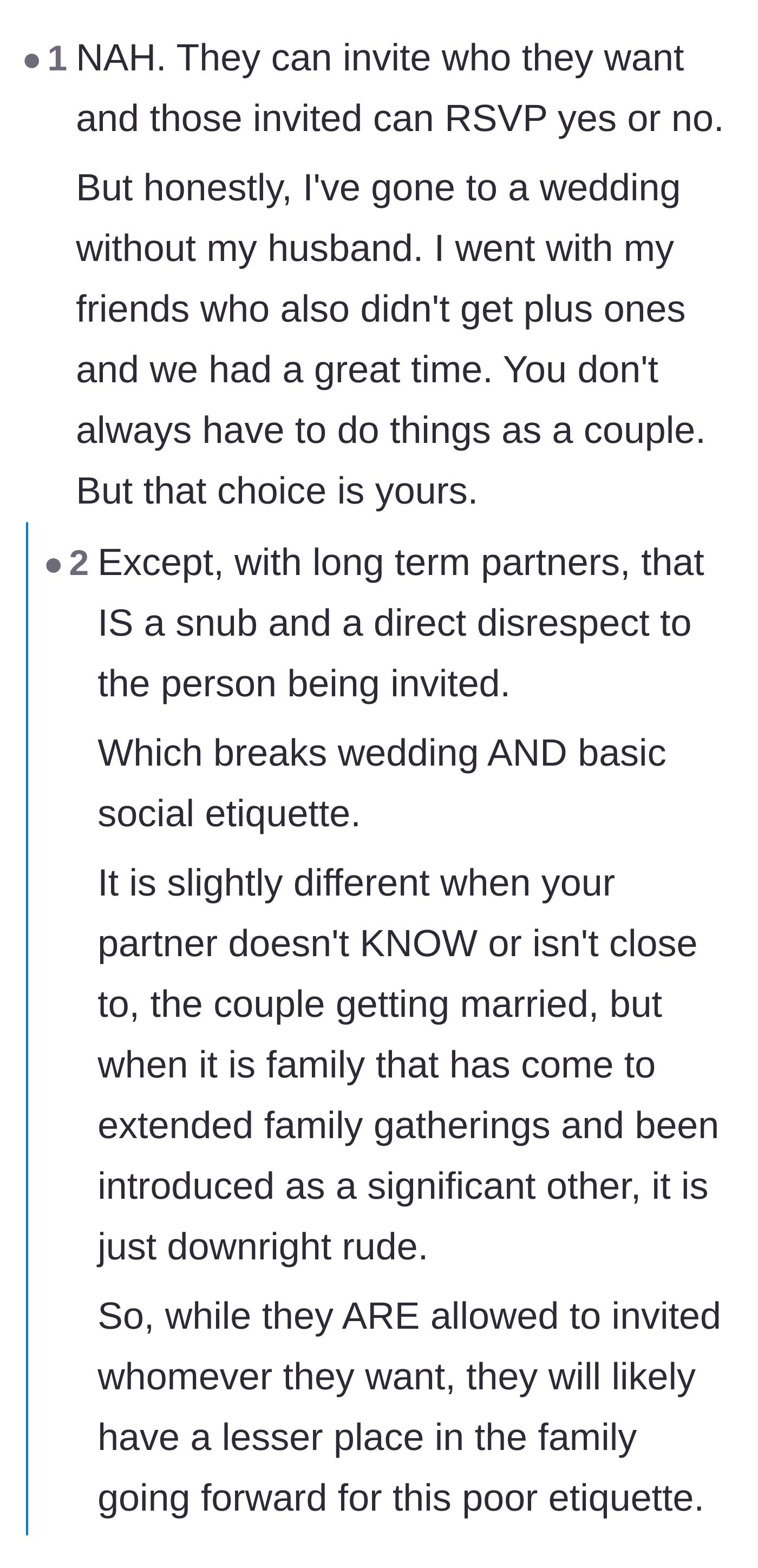 Comment thread 1 - A fierce debate over traditional wedding etiquette and whether excluding a long-term partner is a deliberate snub or just a budget reality.