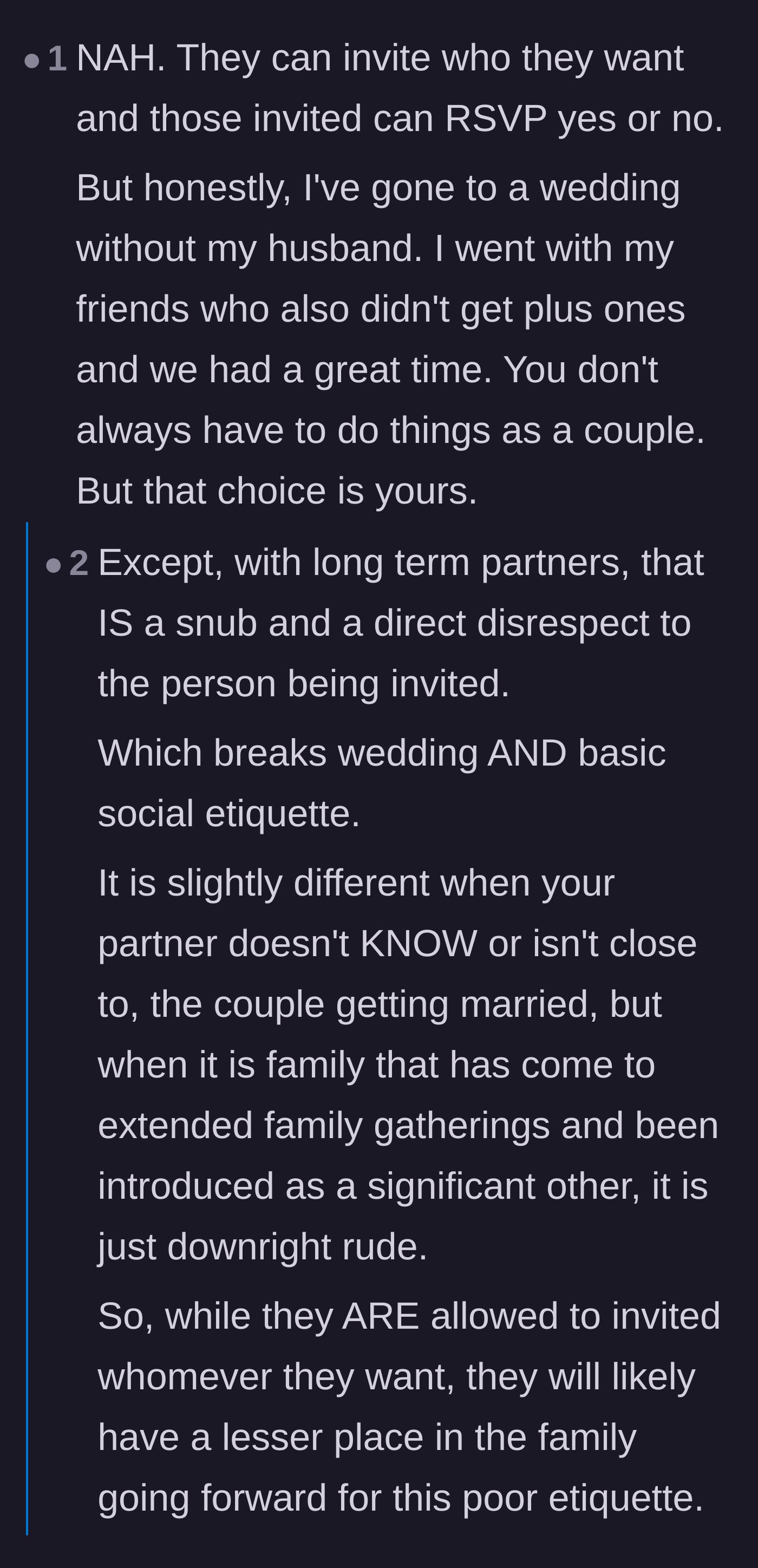 Comment thread 1 - A fierce debate over traditional wedding etiquette and whether excluding a long-term partner is a deliberate snub or just a budget reality.