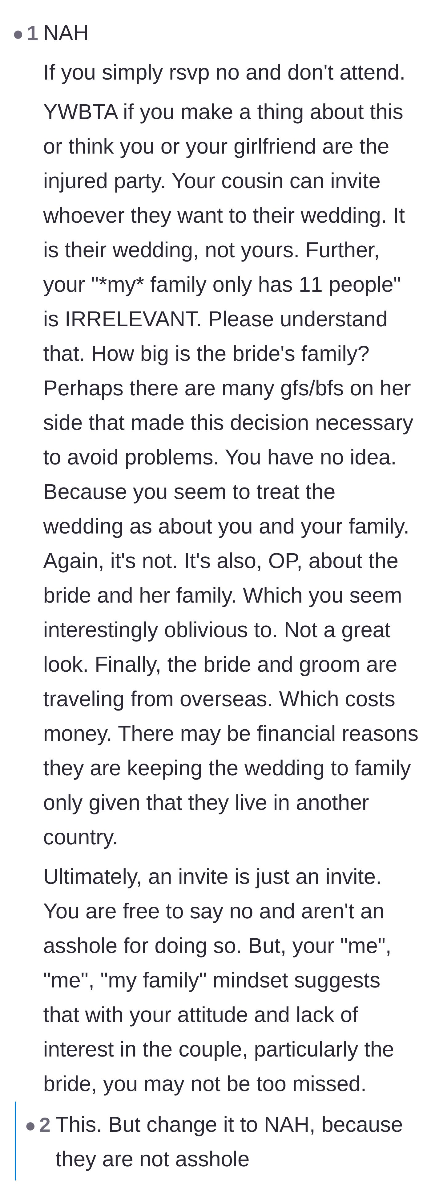 Comment thread 2 - Commenters call out the boyfriend for his main character energy and ignoring the bride's potential family size and constraints.
