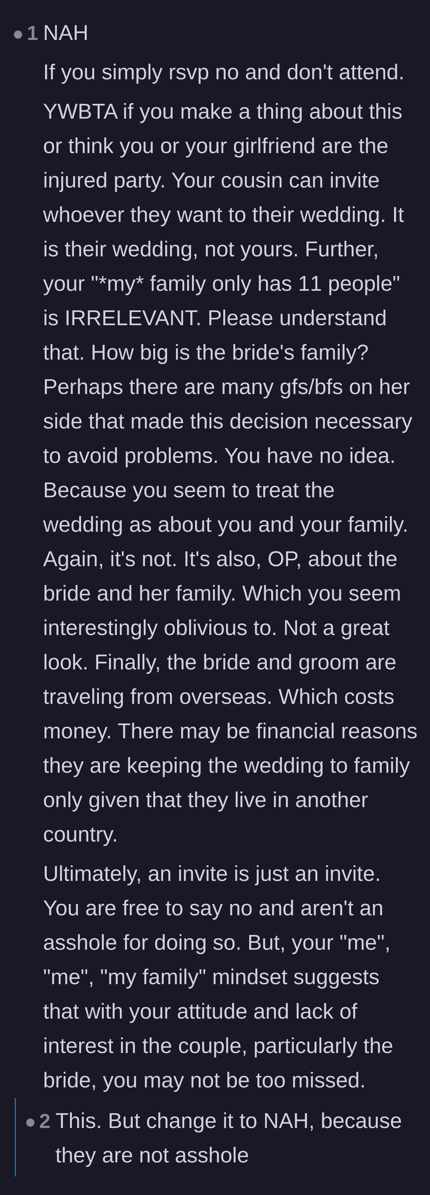 Comment thread 2 - Commenters call out the boyfriend for his main character energy and ignoring the bride's potential family size and constraints.