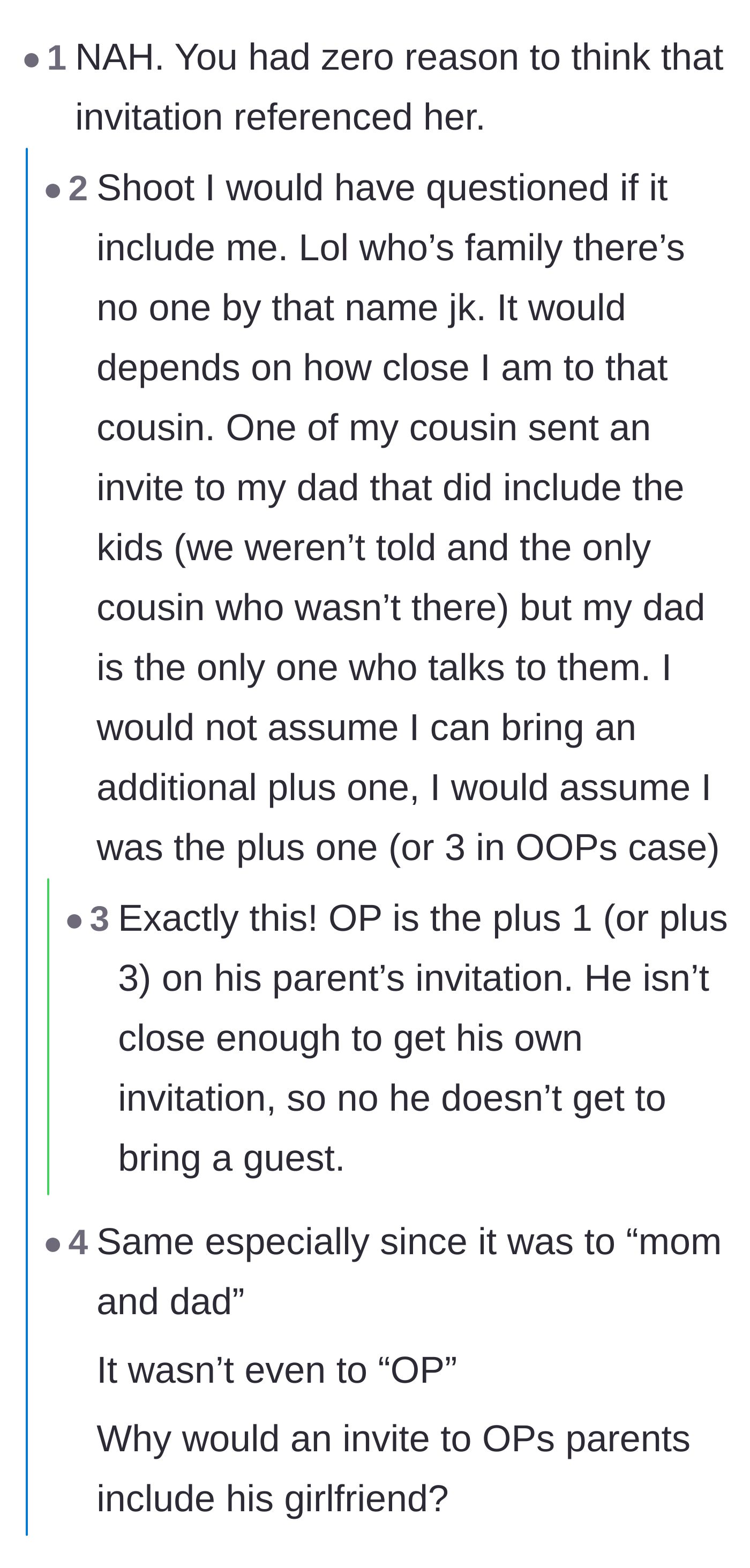 Comment thread 4 - Highlighting that the invitation was addressed to the parents, making the boyfriend himself a plus-one who shouldn't expect his own guest.
