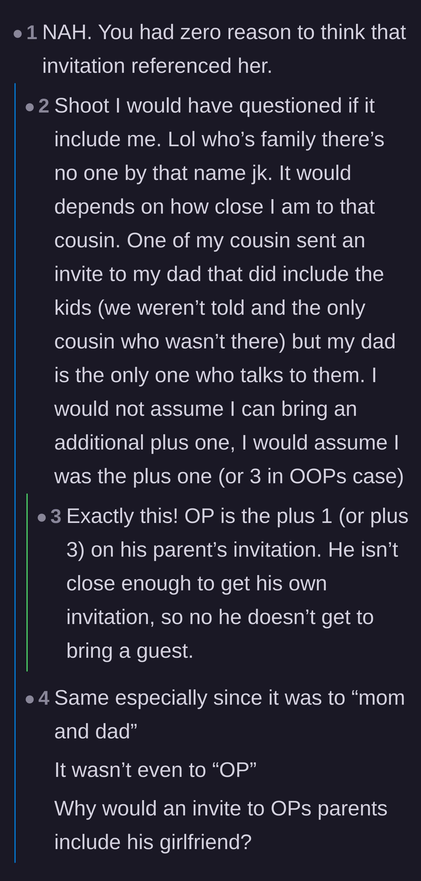 Comment thread 4 - Highlighting that the invitation was addressed to the parents, making the boyfriend himself a plus-one who shouldn't expect his own guest.