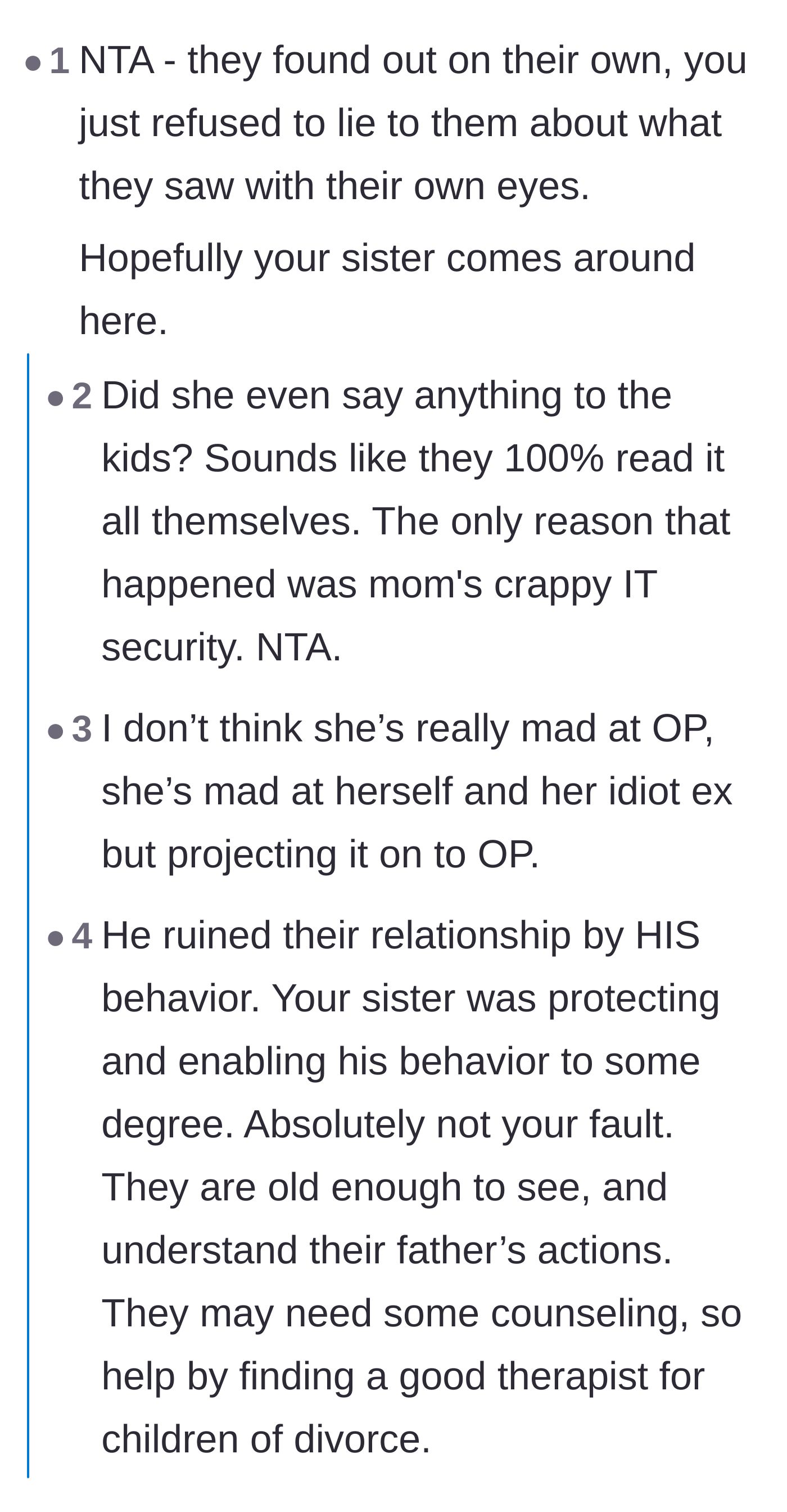 Comment thread 1 - Discussing how the mother's poor digital security and the father's own words are to blame, not the sibling.