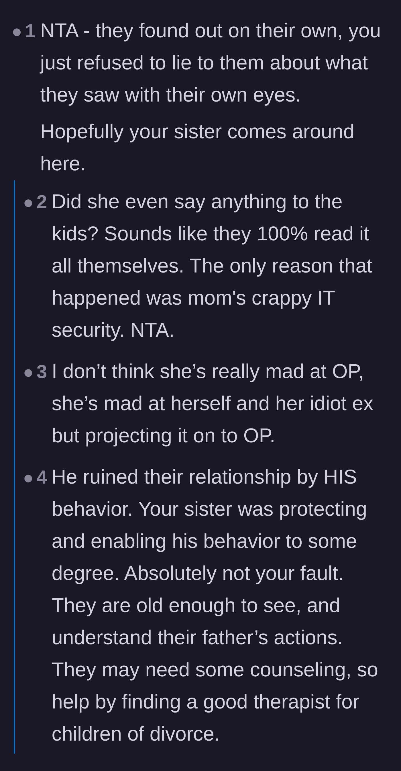 Comment thread 1 - Discussing how the mother's poor digital security and the father's own words are to blame, not the sibling.