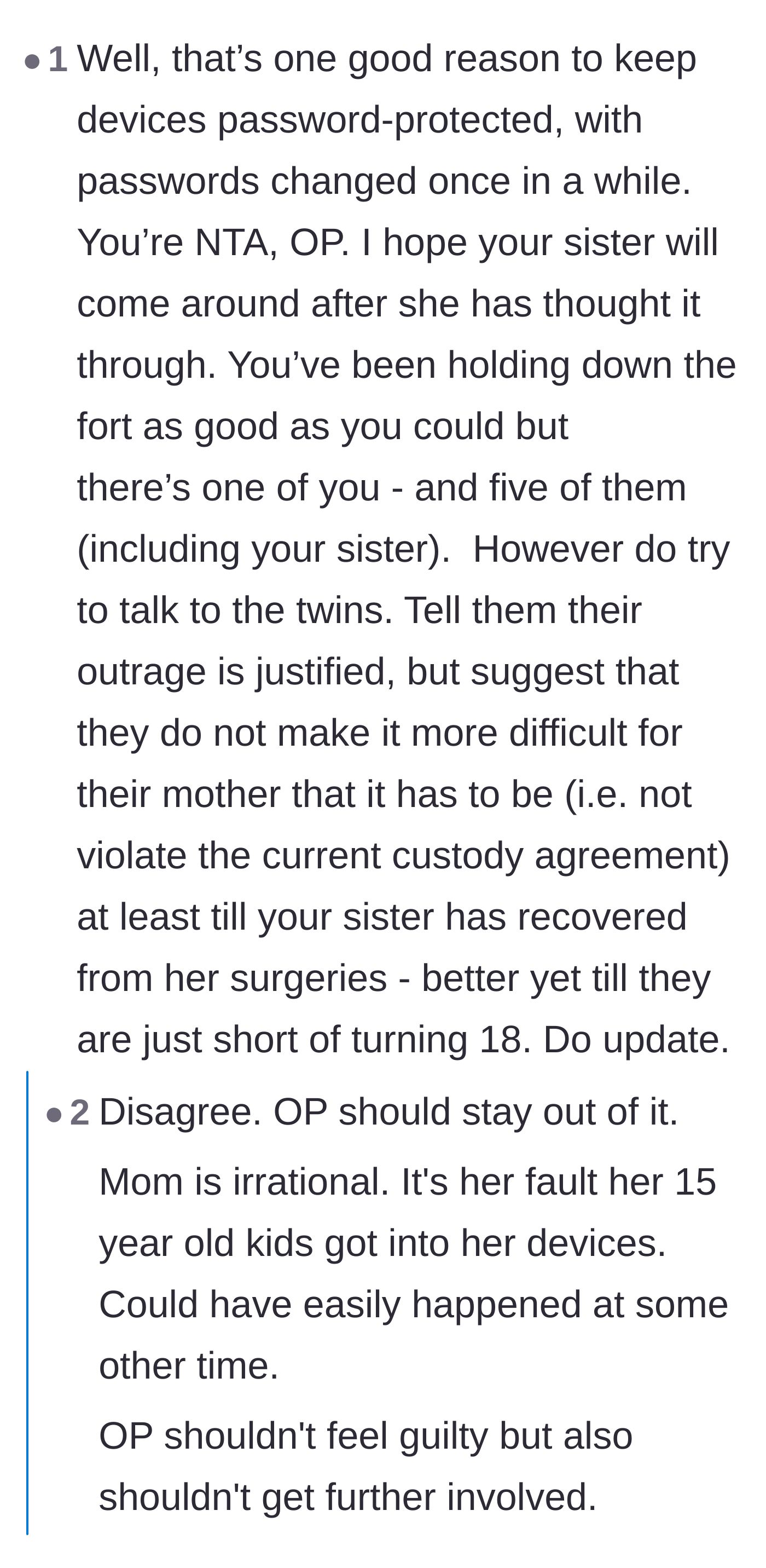 Comment thread 6 - Debating whether the sibling should mediate with the teens to protect the mother from further court battles.