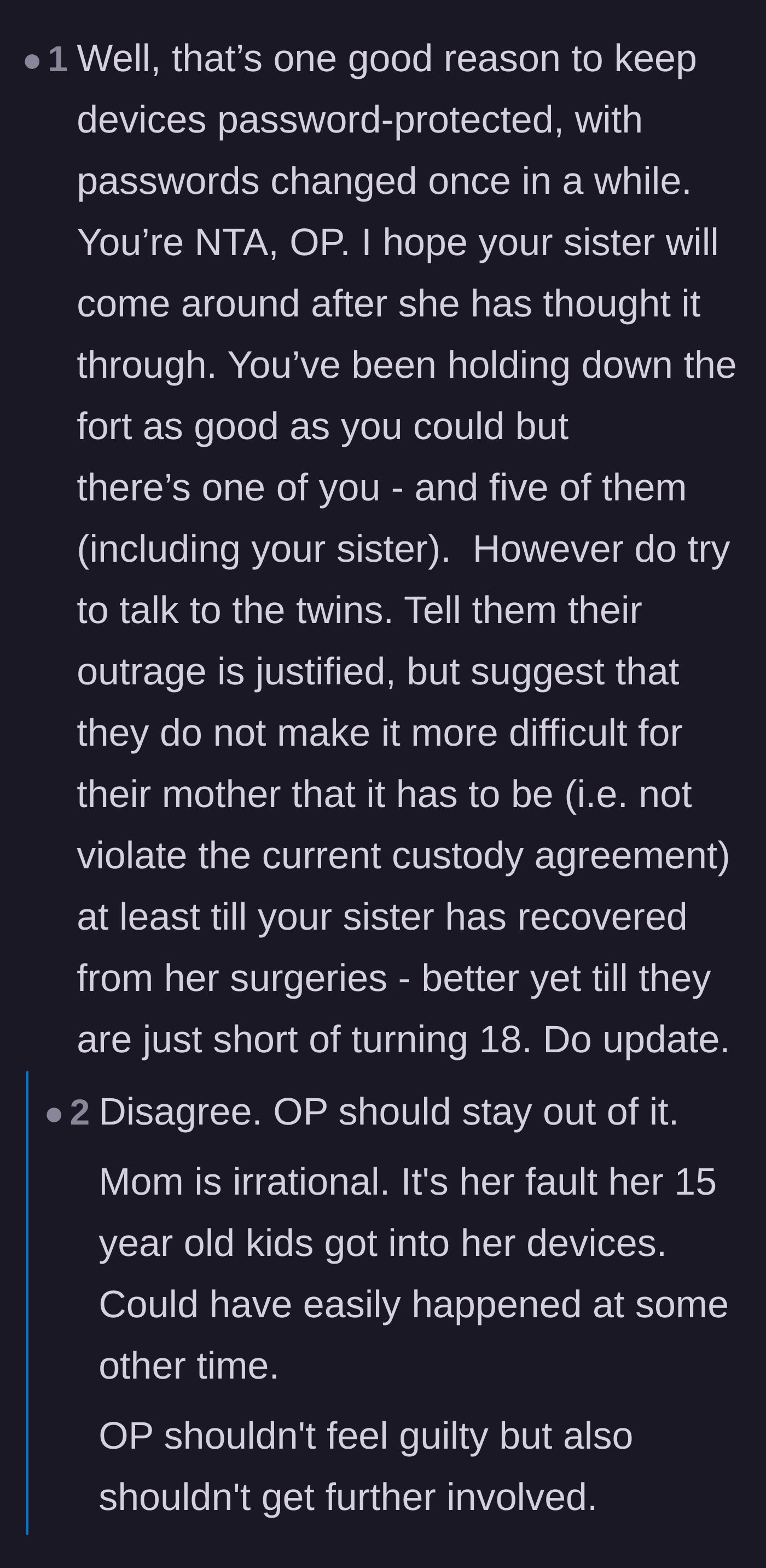 Comment thread 6 - Debating whether the sibling should mediate with the teens to protect the mother from further court battles.